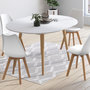 Voir la diapositive 2 : ID MARKET Ensemble table à manger extensible ronde ANGELA blanc pied bois 110 - 150 cm et 4 chaises SARA blanches