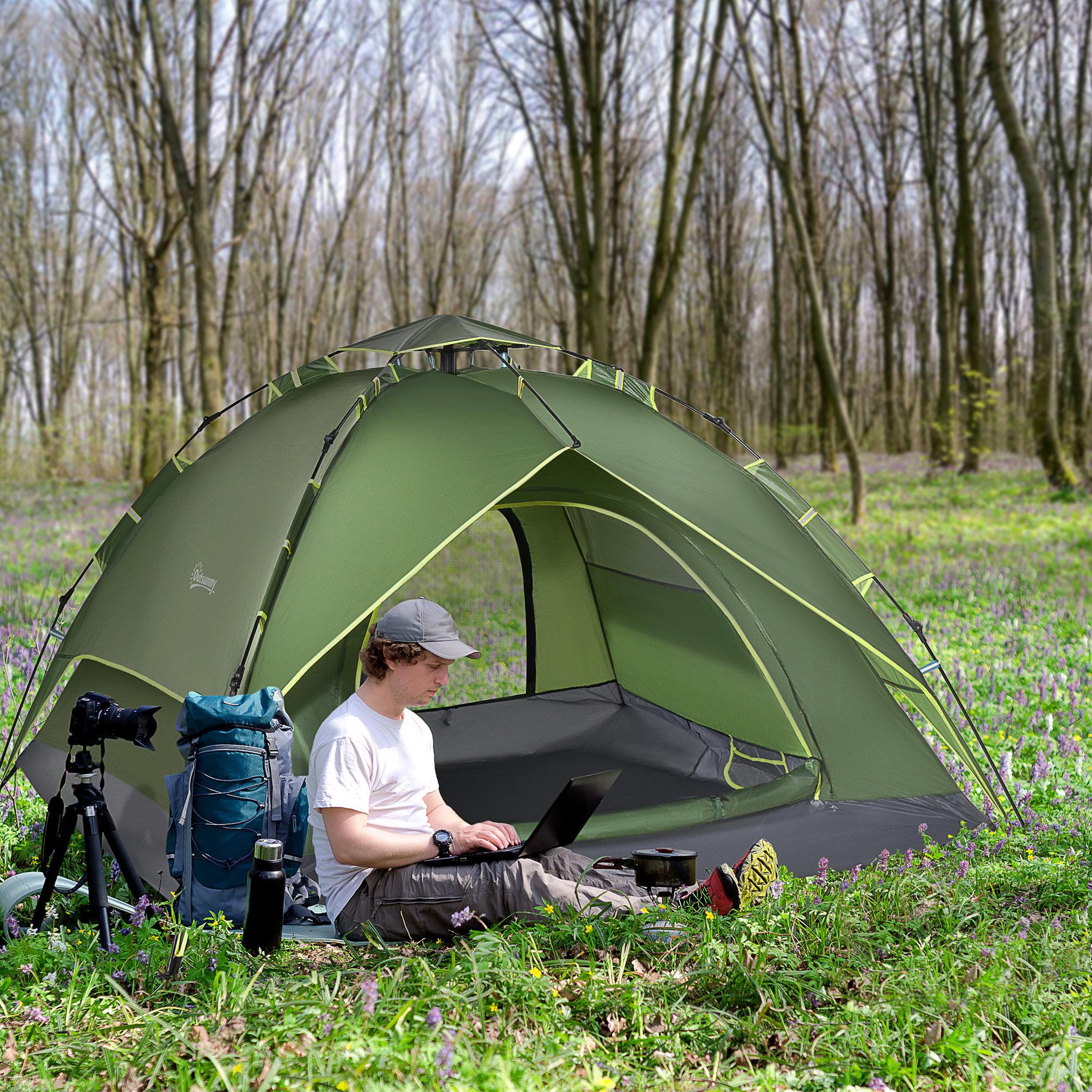Voir la diapositive 2 : OUTSUNNY Tente de camping pop up 2-3 personnes 2 portes vert kaki montage démontage facile sac de transport inclus fibre verre polyester