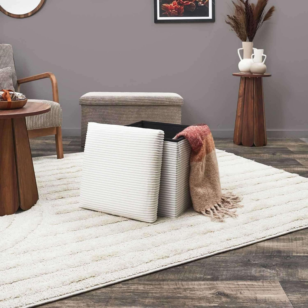 The Home Deco Factory Pouf de rangement pliable effet côtelé