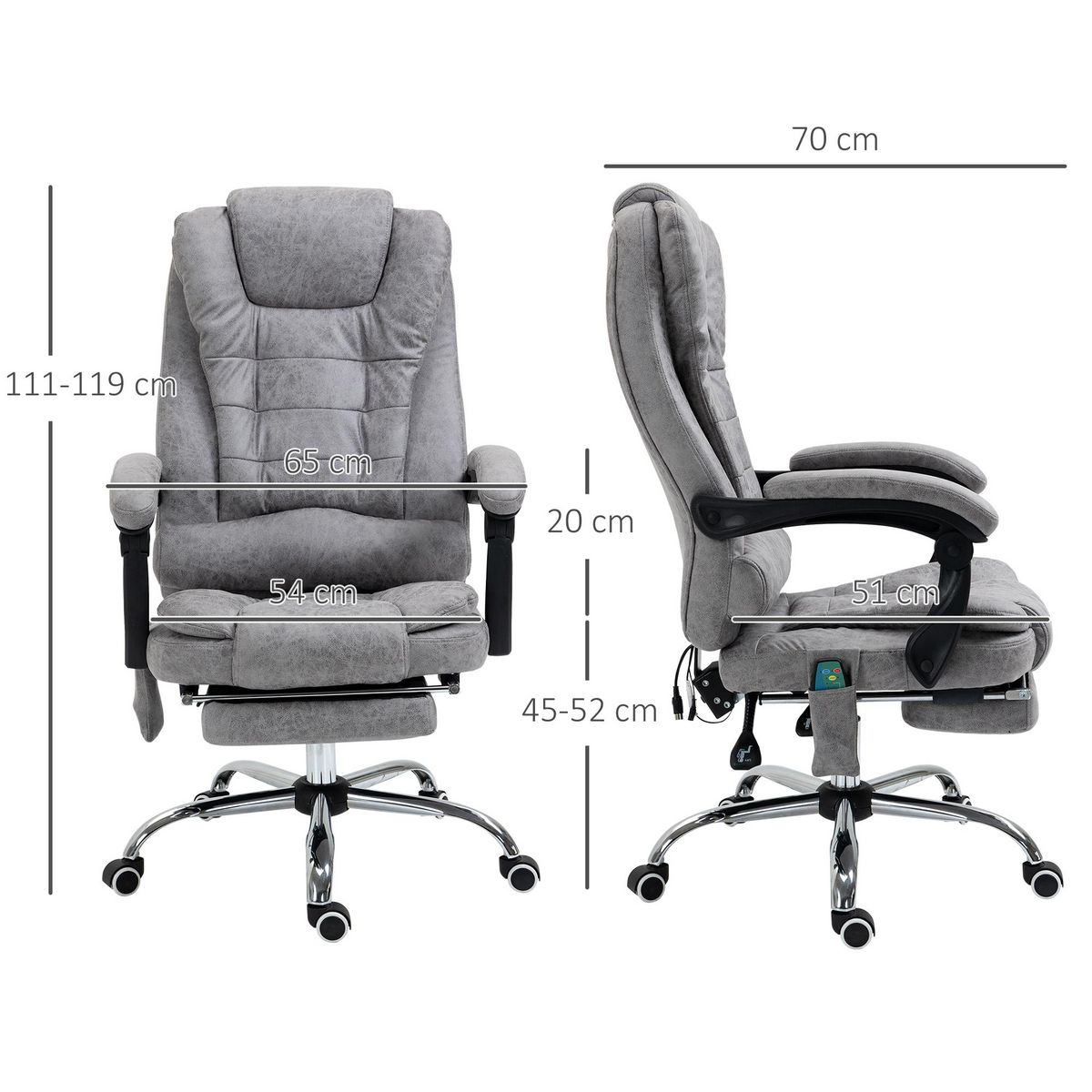 VINSETTO Fauteuil de bureau direction massant chauffant hauteur réglable dossier inclinable repose-pied rétractable tissu technique gris