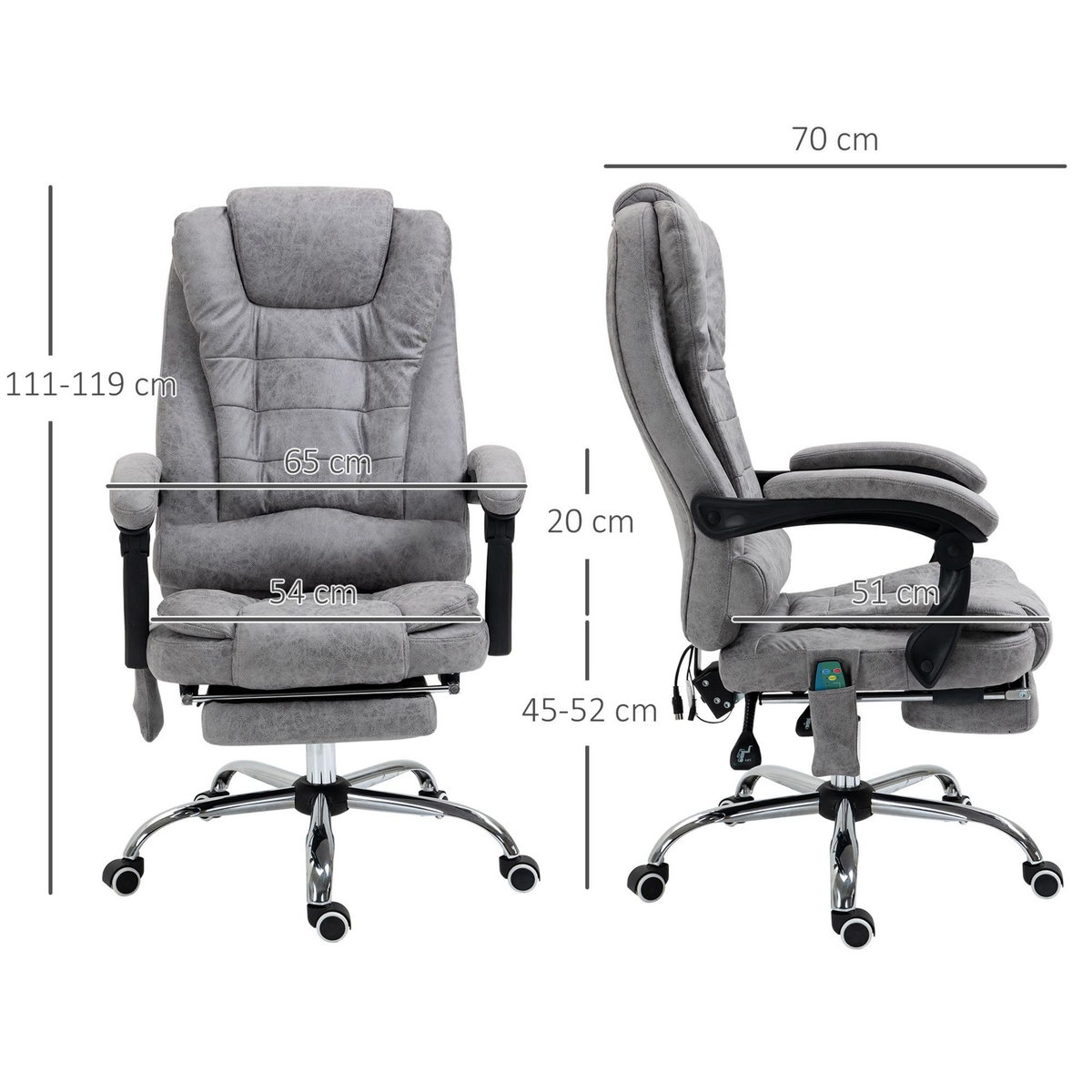 VINSETTO Fauteuil de bureau direction massant chauffant hauteur réglable dossier inclinable repose-pied rétractable tissu technique gris