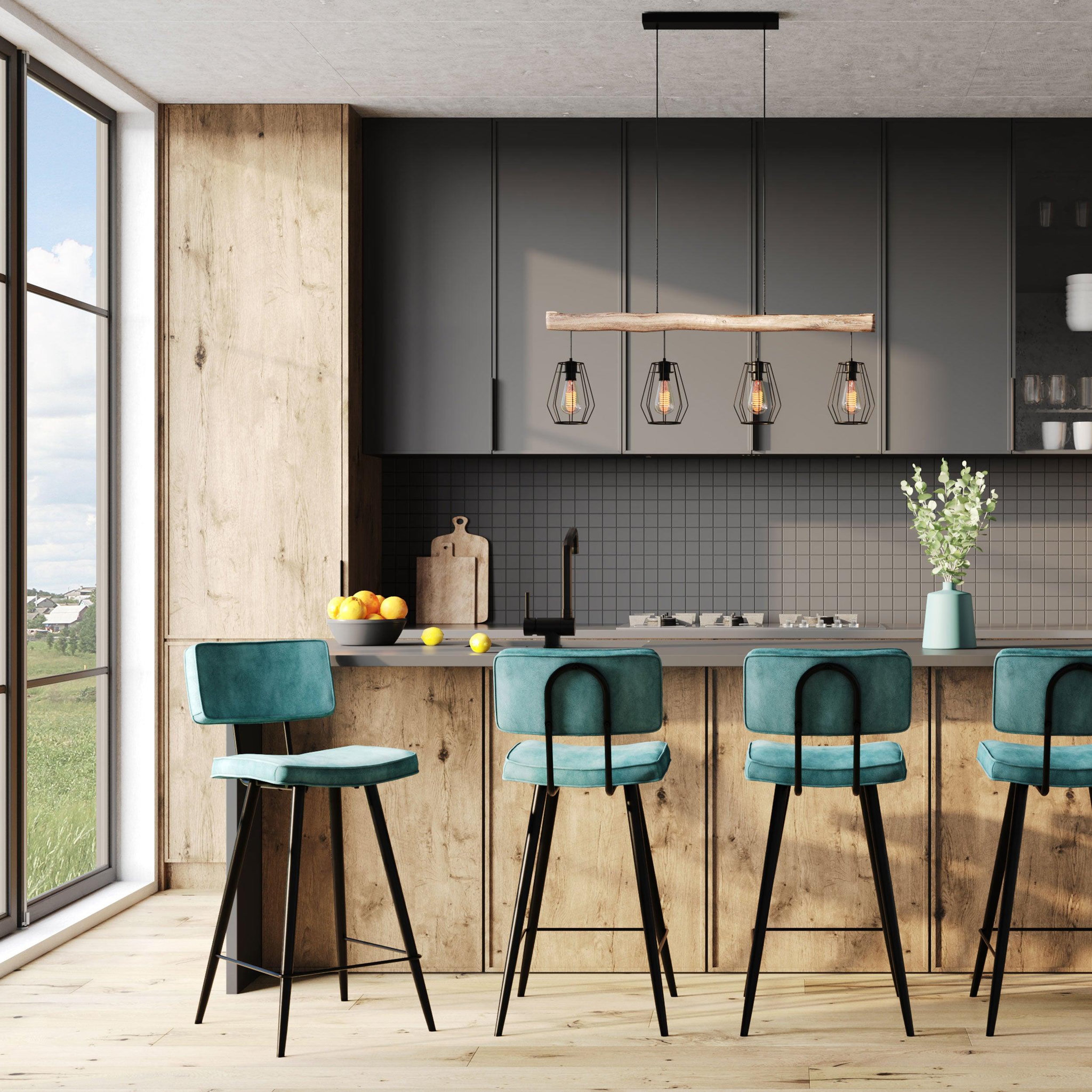 Voir la diapositive 6 : MAISON PAVANE Lot de 2 chaises pour îlot central 66 cm en cuir synthétique bleu-texas