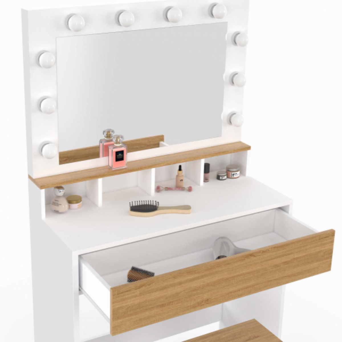 ID MARKET Coiffeuse ZELIA blanc et hêtre miroir LED avec 4 niches, 1 tiroir et tabouret