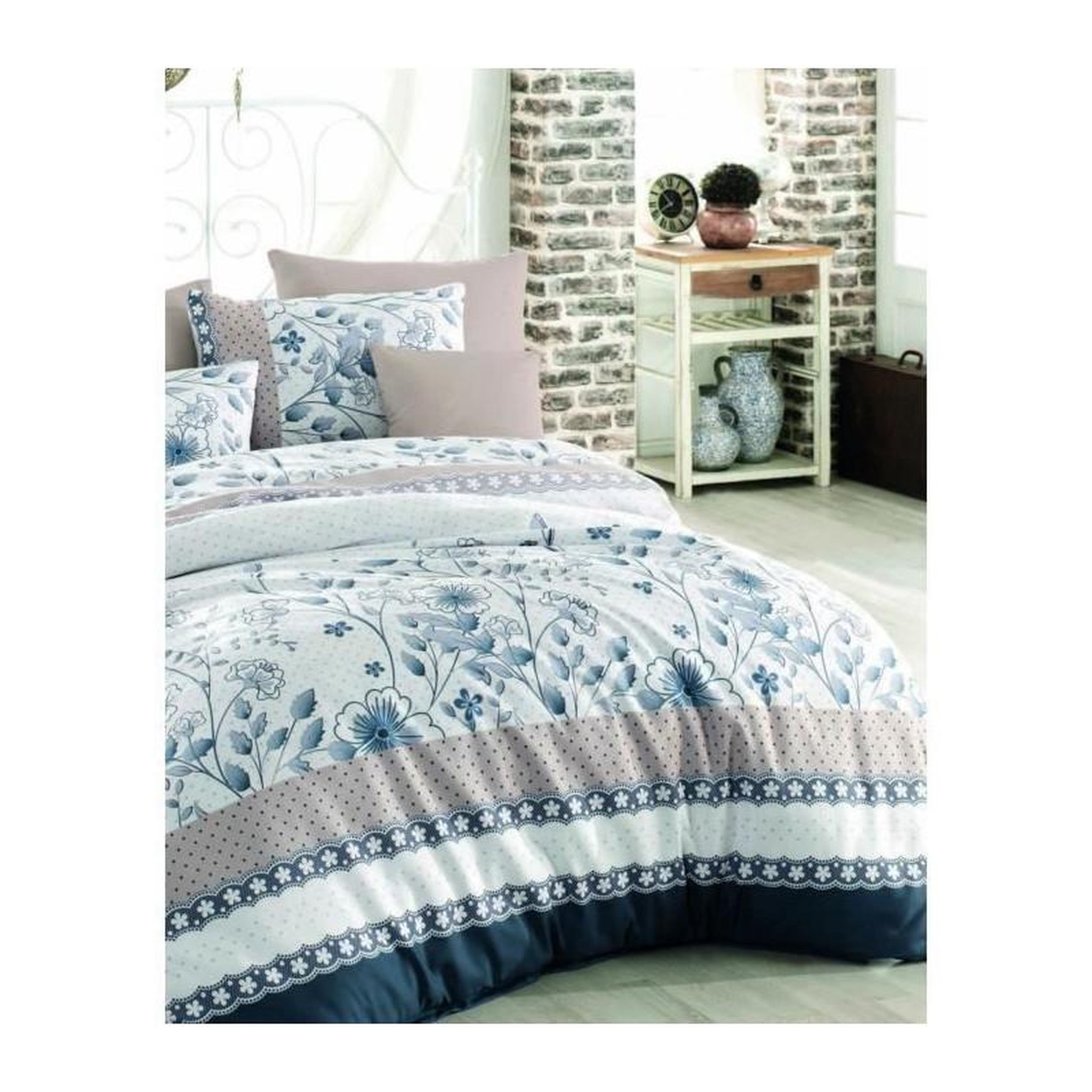 Voir la diapositive 2 : GENERIQUE Parure de lit - 1 housse de couette 220 x 240 cm + 2 taies d'oreiller 60 x 60 cm - 100% coton renforcé - Bleu