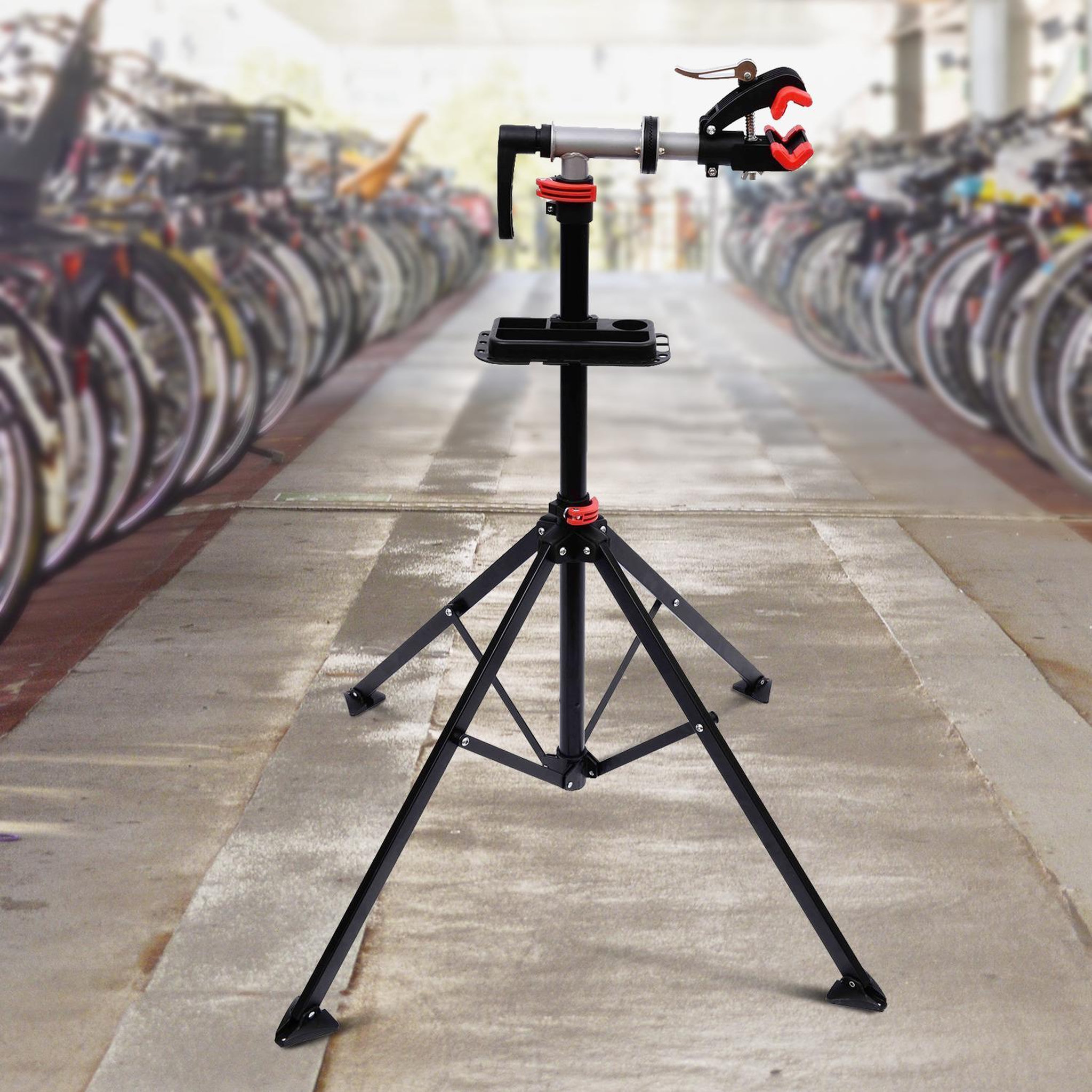 Voir la diapositive 4 : HOMCOM Pied d'atelier vélo réparation support pied de montage pivotant 360° hauteur réglable argent