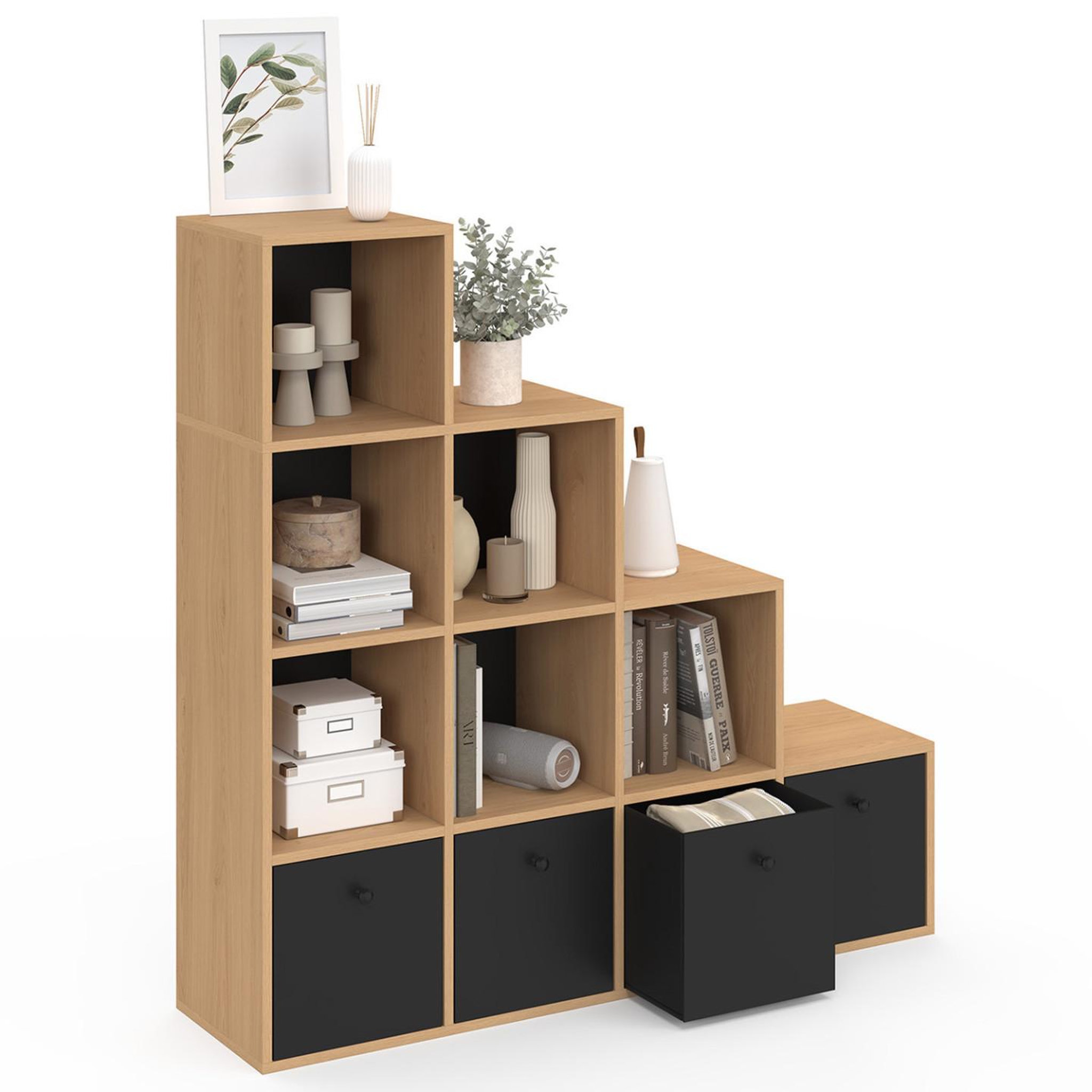 Voir la diapositive 4 : ID MARKET Meuble de rangement en escalier lorys 4 niveaux bois et noir avec 4 tiroirs en tissu