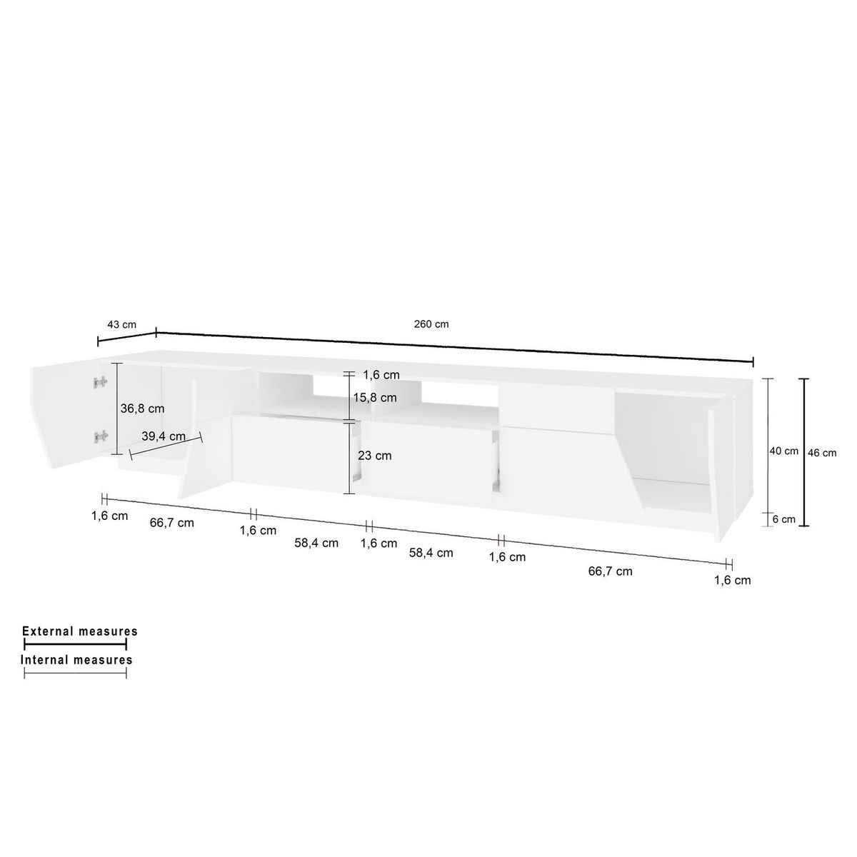 Meuble TV moderne 4 portes 2 tiroirs L200cm SORRENTE