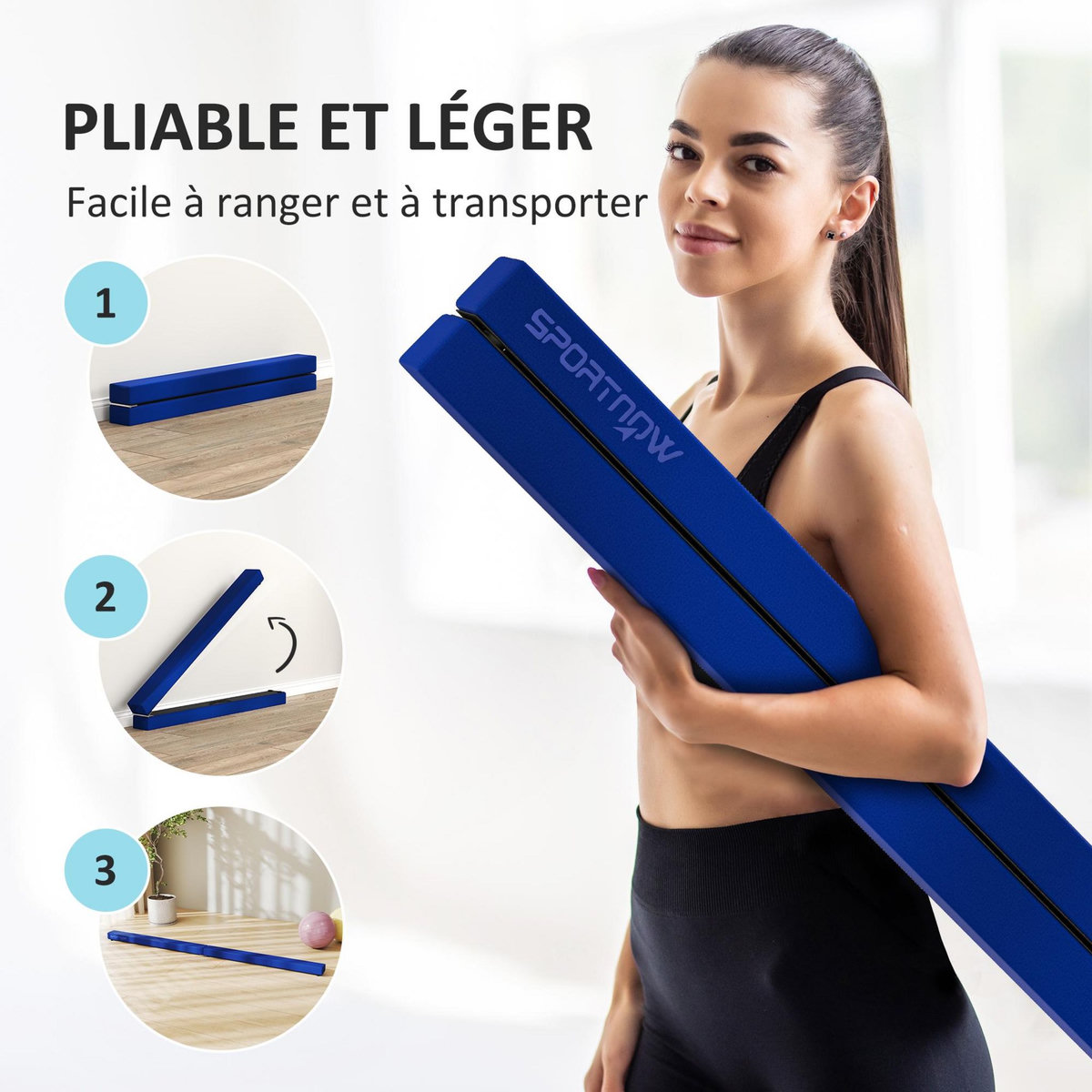 HOMCOM Poutre gymnastique pliable 210 cm - poutre d'équilibre antidérapante - bois de pin revêtement flanelle bleu