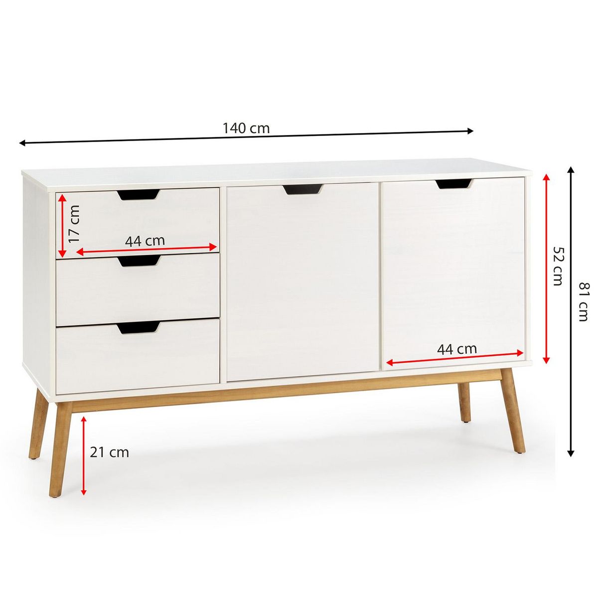 VS VENTA-STOCK Buffet Baku 3 tiroir y 2 porte blanc, pin massif, longueur 140 cm
