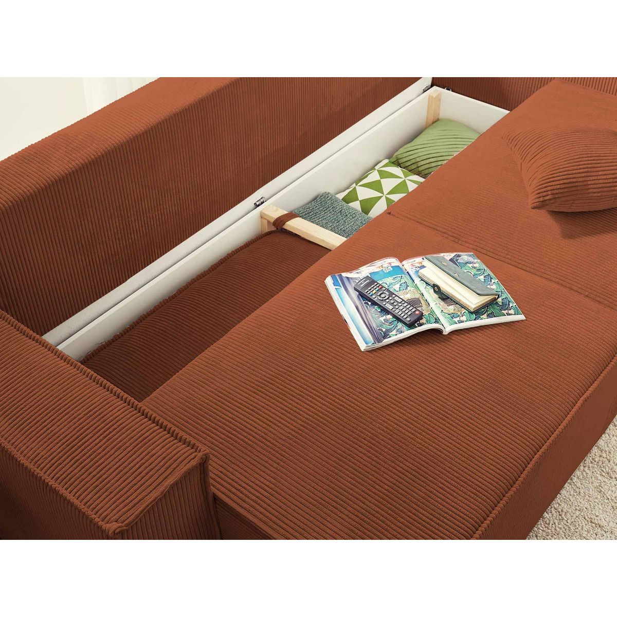 BEST MOBILIER Dellia - canapé 3 places convertible - avec coffre - en velours côtelé - style contemporain