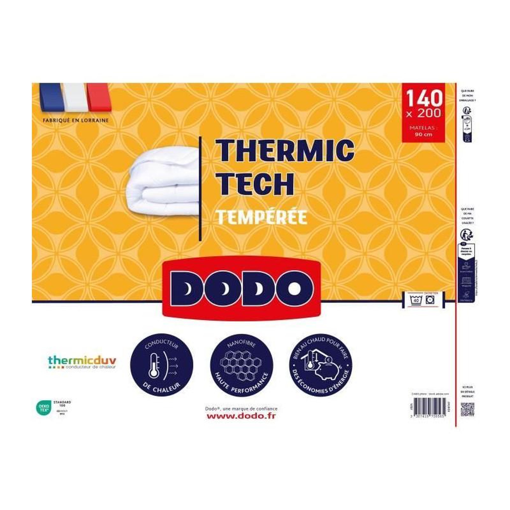 Voir la diapositive 2 : DODO DODO - Couette tempérée 250 g/m² - THERMIC TECH - 140 x 200 cm - Blanc