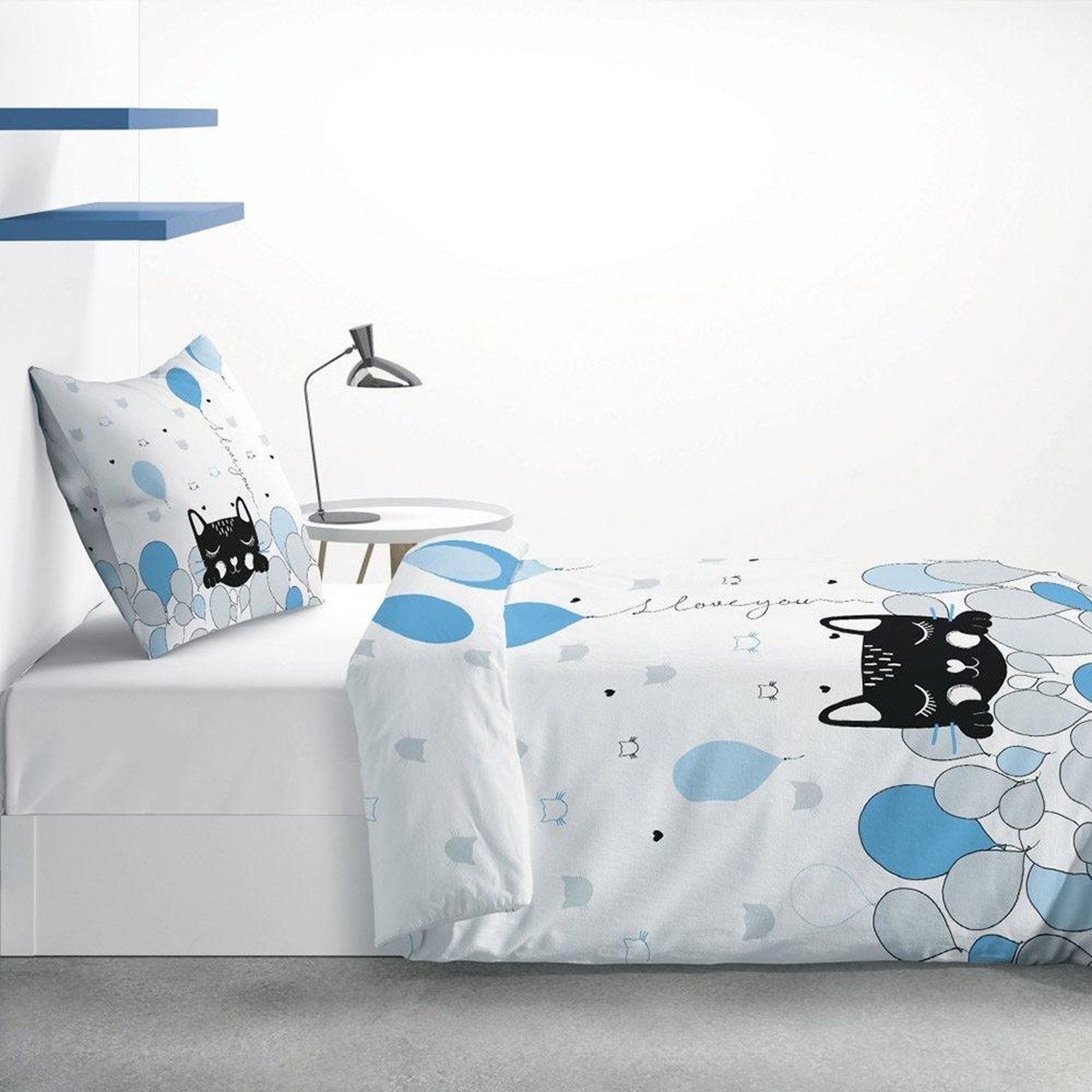 Voir la diapositive 2 : ATELIER DU COTON Housse de couette 140x200 Pussycat blue + taie 100% coton