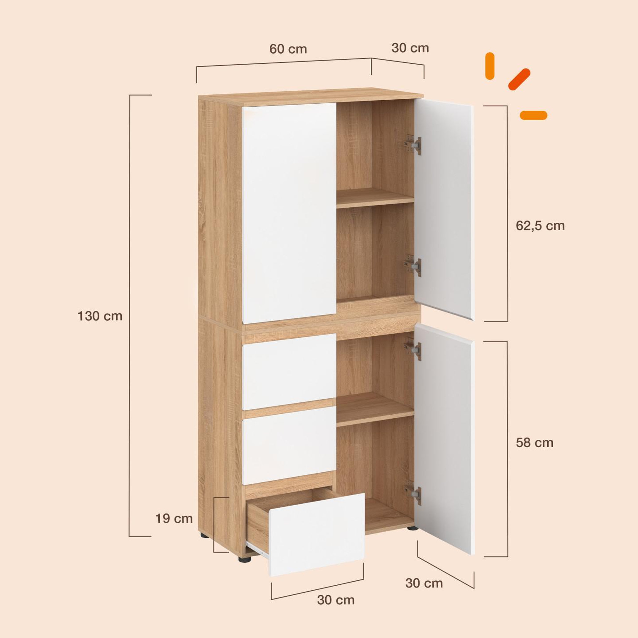 Voir la diapositive 5 : ID MARKET Meuble armoire colonne salle de bain TOMI 3 portes et 3 tiroirs façon hêtre et blanc