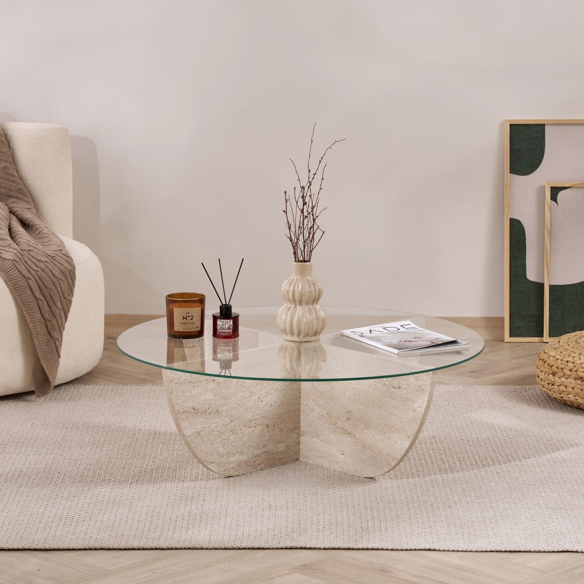 Voir la diapositive 4 : Habitat et Jardin Table basse en verre  liya  90 x 90 x 30 cm - travertin