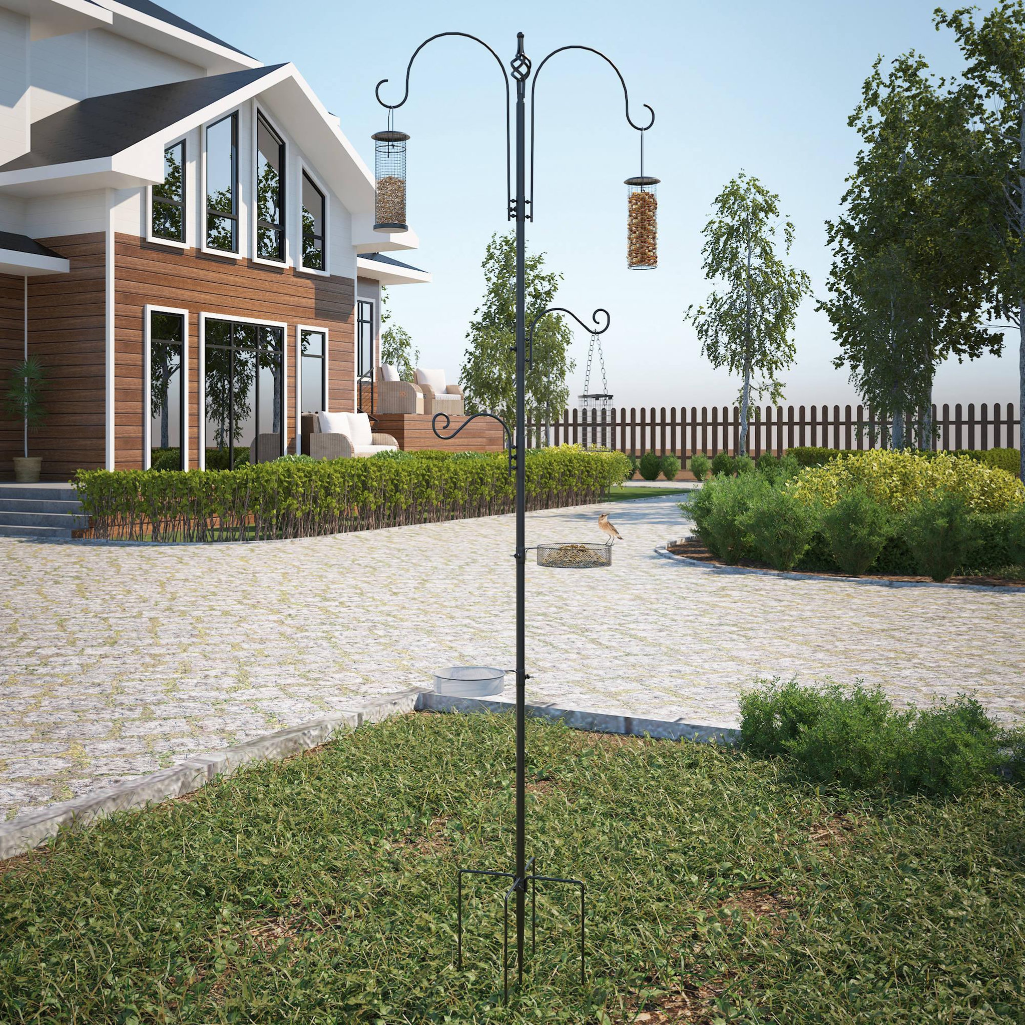 Voir la diapositive 4 : PAWHUT Station d'alimentation pour oiseaux en acier H.208cm 4 crochets contenant eau nourriture