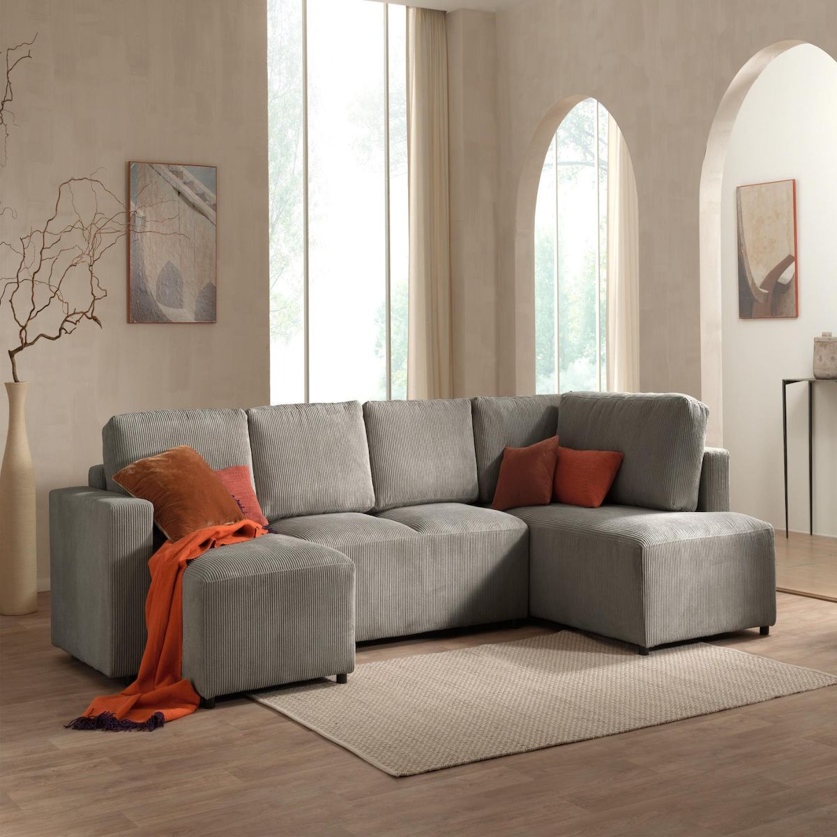 LISA DESIGN Livy - canapé panoramique convertible - avec coffre - en velours côtelé - 7 places - droit