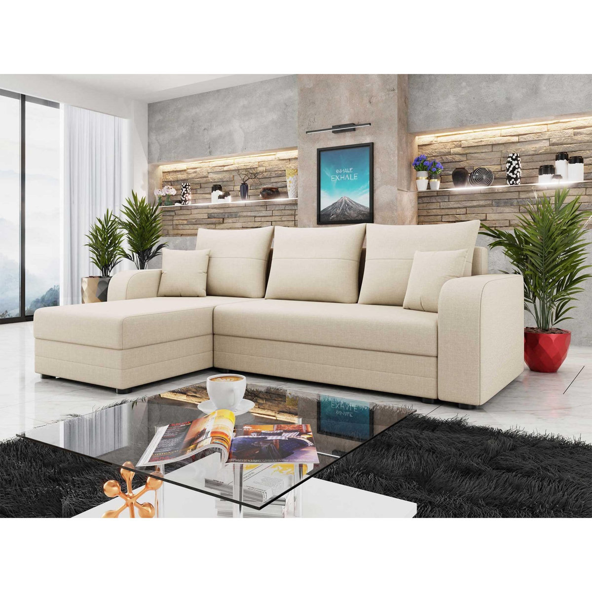 BEST MOBILIER Harvey - canapé d'angle réversible 4 places convertible avec coffre en tissu