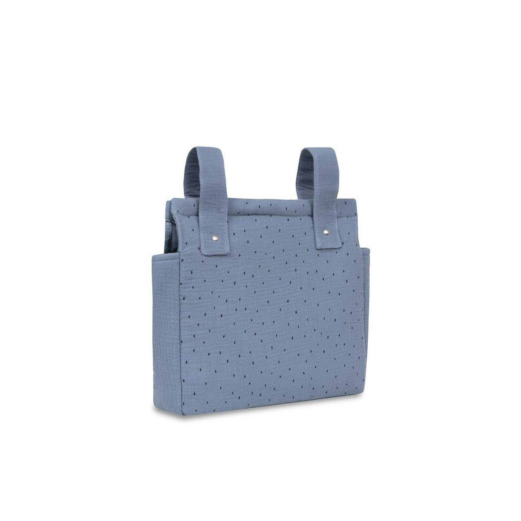 Voir la diapositive 2 : INTERBABY Sac de poussette  pois - coton mousseline - bleu foncé - se suspend au guidon