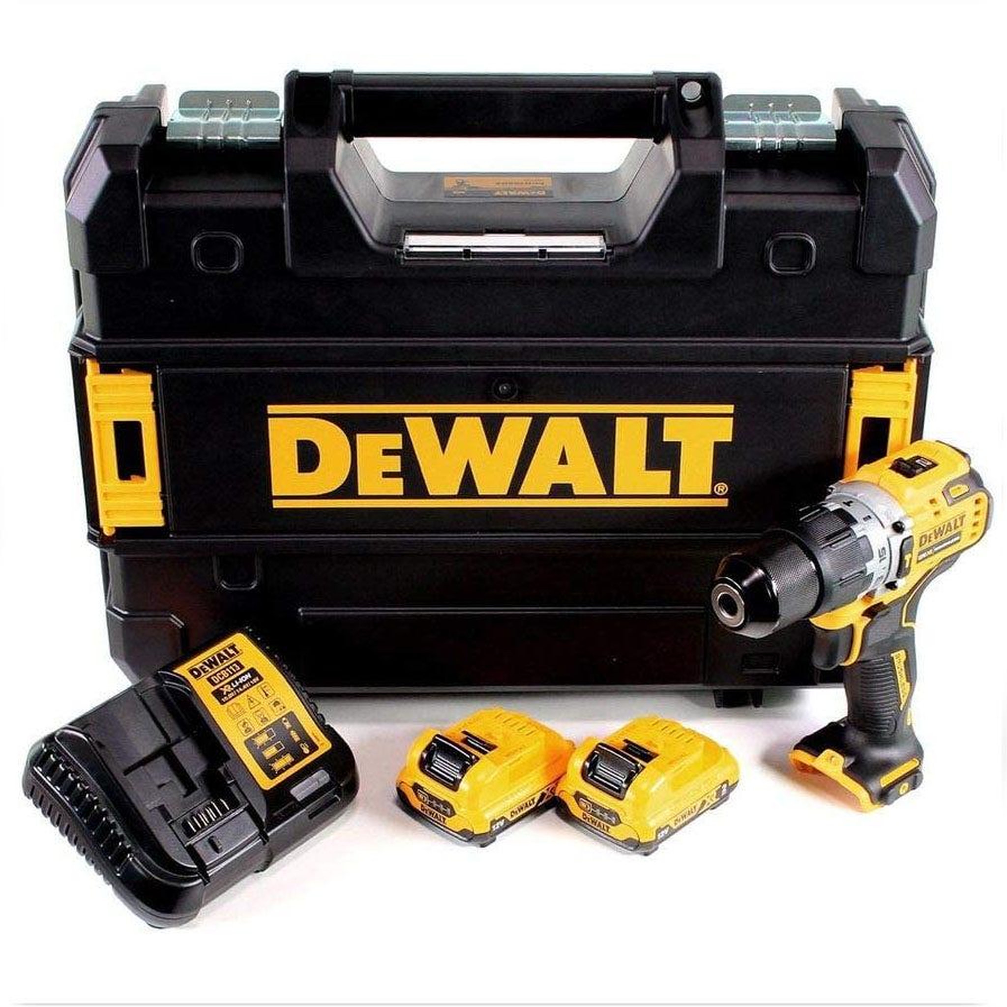 Dewalt Perceuse visseuse à percussion xr brushless + 2 batteries 12v 2ah li-ion + chargeur + coffret tstak