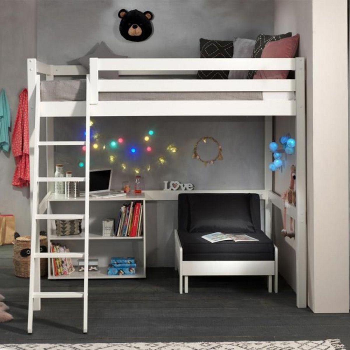 Paris Prix Pack - Lit Mezzanine Enfant, Bibliothèque & Fauteuil-Lit  Pino  Blanc