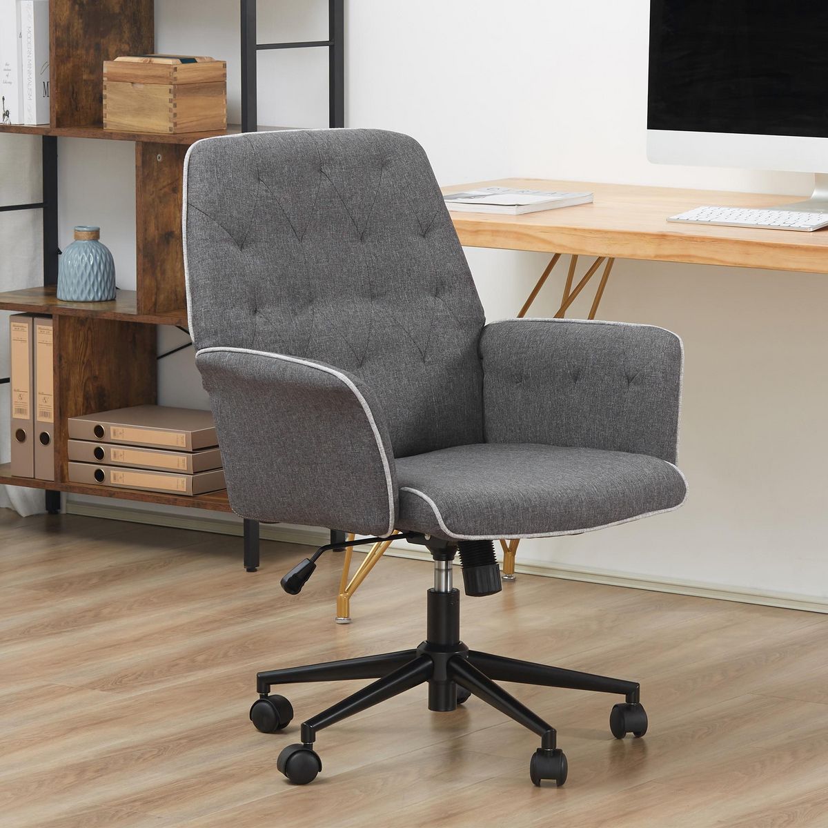HOMCOM Fauteuil de bureau chaise de bureau hauteur réglable roulettes pivotant 360° tissu chanvre 69L x 66l x 89,5-97H cm gris chiné