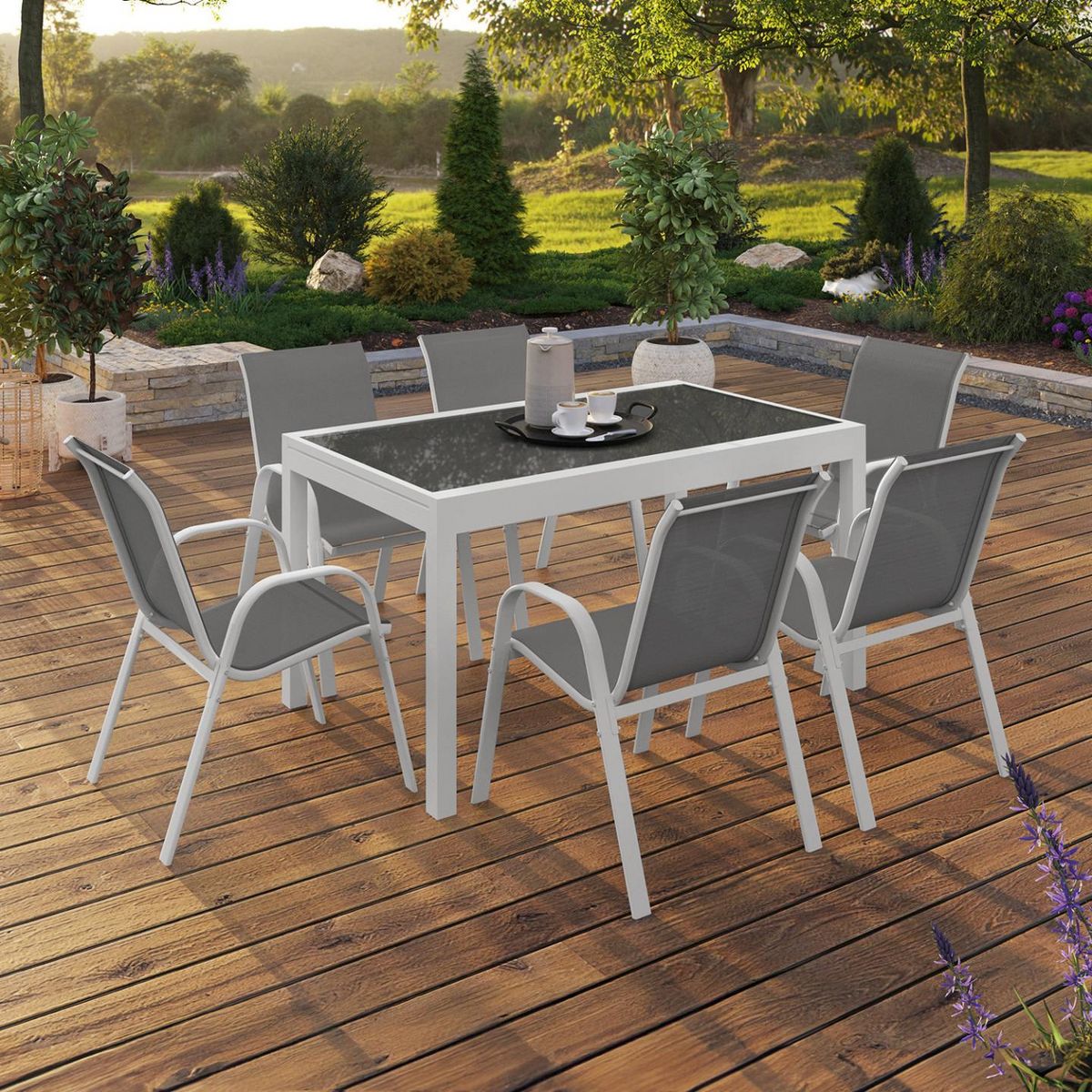 ID MARKET Salon de jardin MADRID table extensible 135-270 CM et 12 chaises empilables blanc et gris