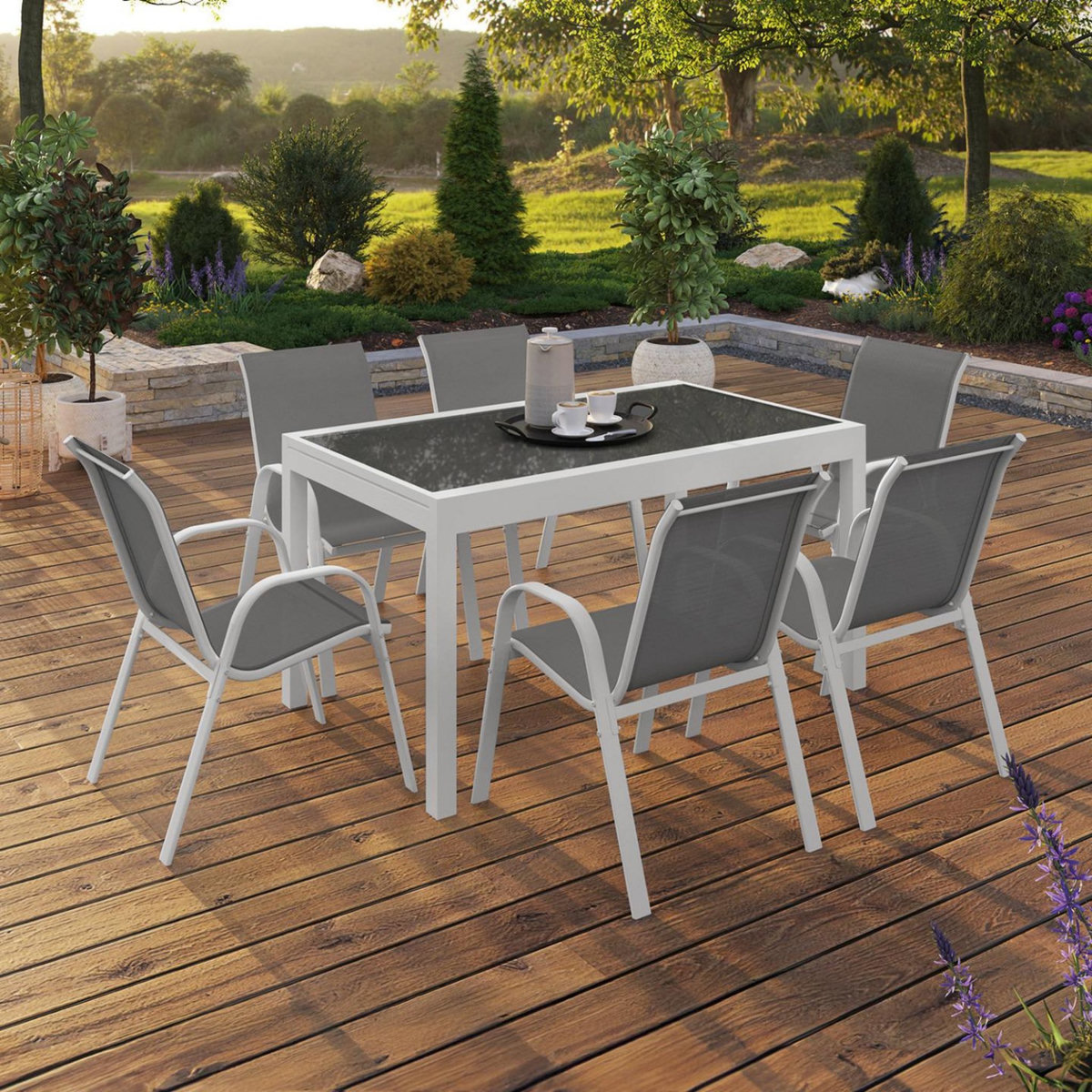 ID MARKET Salon de jardin MADRID table extensible 135-270 CM et 12 chaises empilables blanc et gris