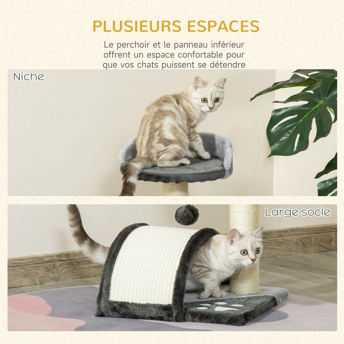 PAWHUT Arbre à chat griffoir grattoir design jeu boule suspendue + plateforme peluche sisal naturel gris
