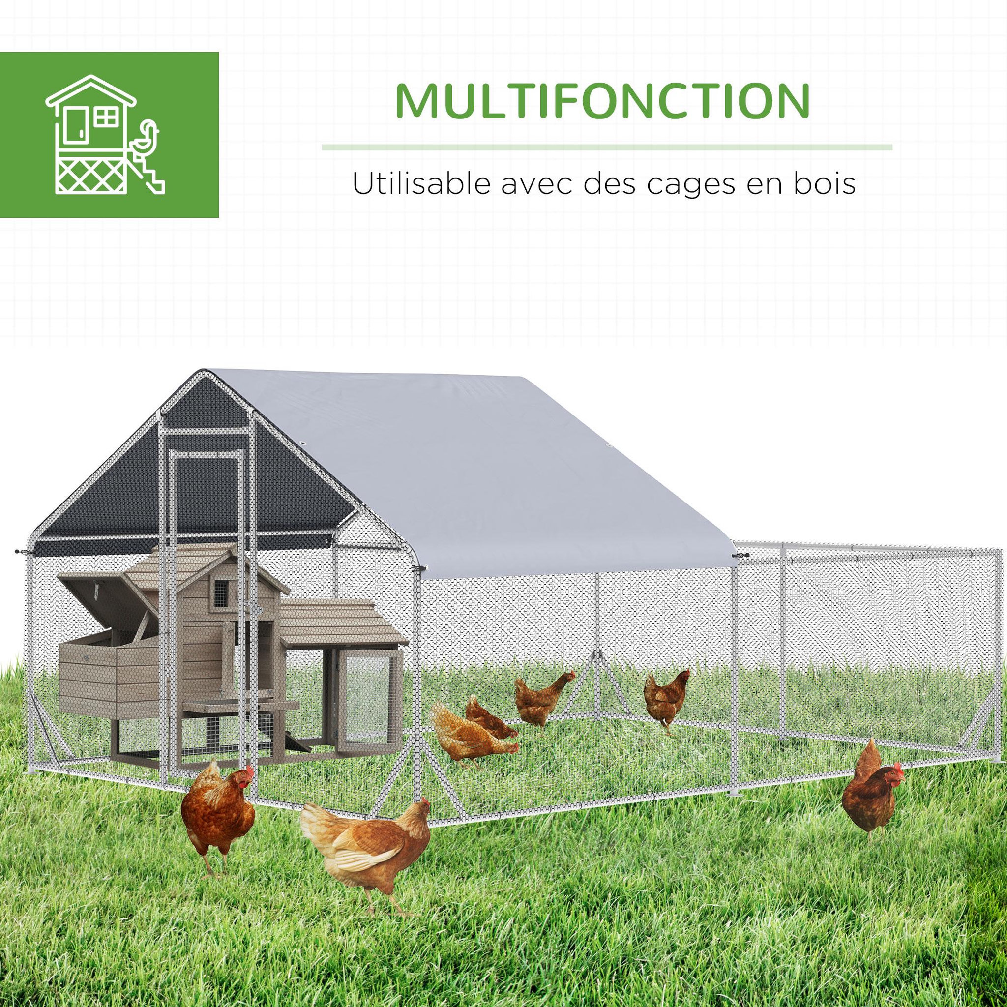 Voir la diapositive 6 : PAWHUT Enclos poulailler chenil 12 m² - parc grillagé dim 4L x 3l x 1,95H m - espace couvert - acier galvanisé
