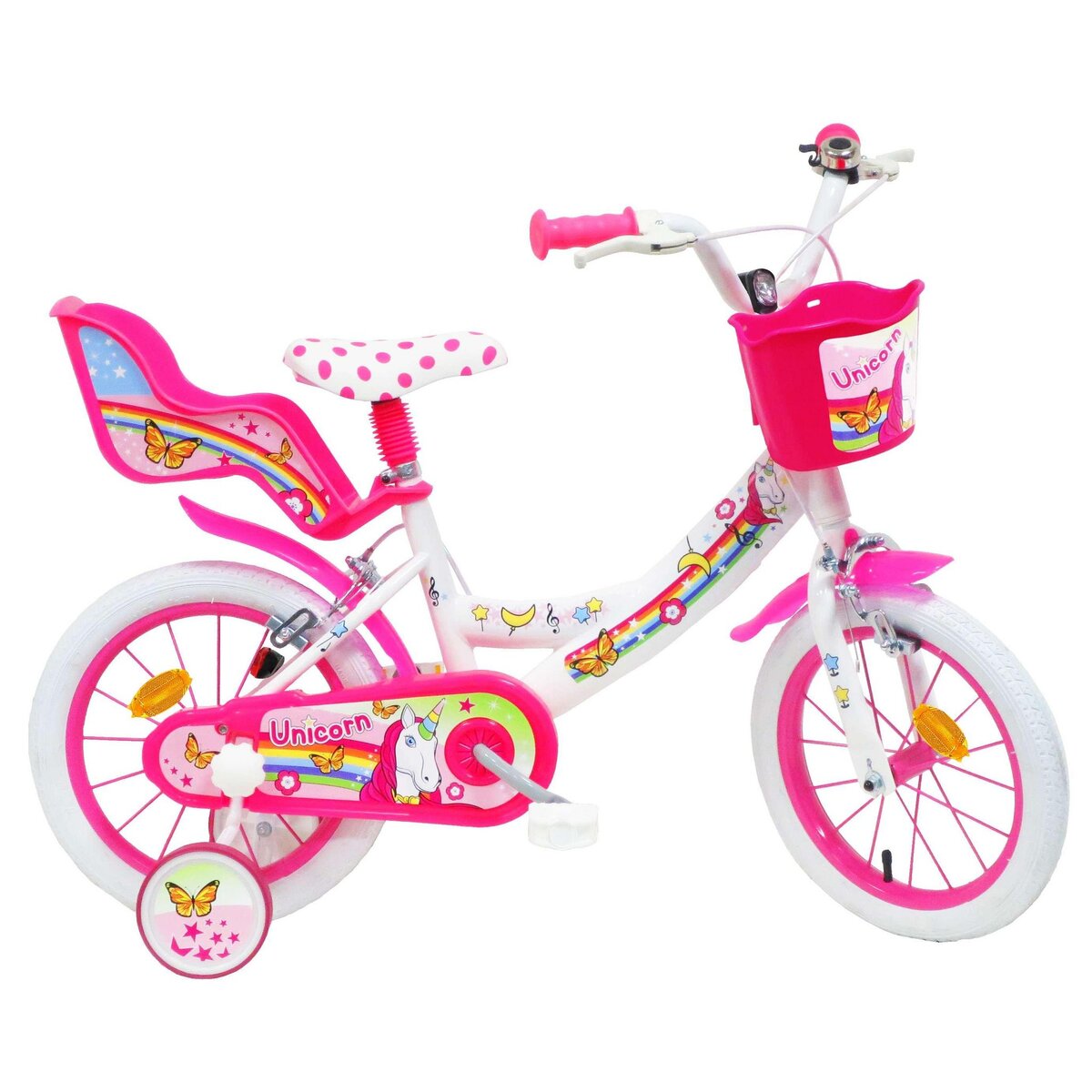  Vélo 14 Fille LICORNE/UNICORN pour enfant de 95/110 cm avec stabilisateurs à molettes - 2 freins - Panier avant - Porte poupée arrière