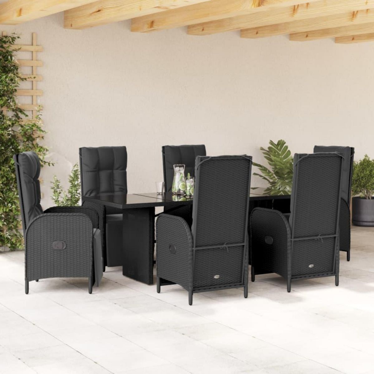 VIDAXL Ensemble a manger de jardin coussins 7pcs Noir Resine tressee