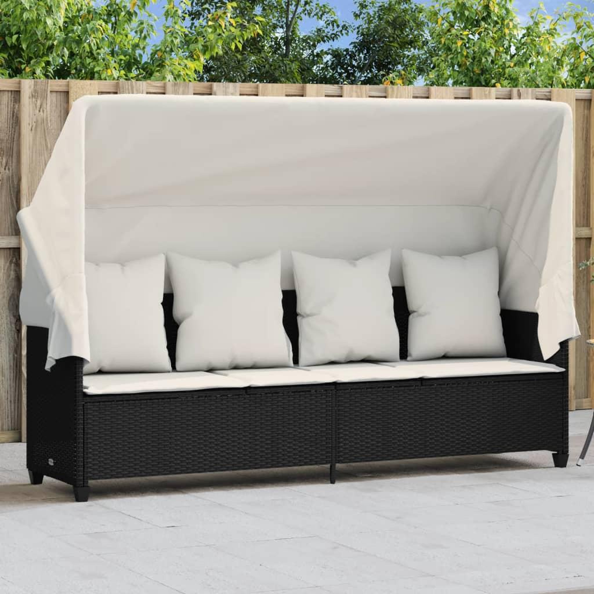 VIDAXL Chaise longue avec auvent et coussins noir resine tressee