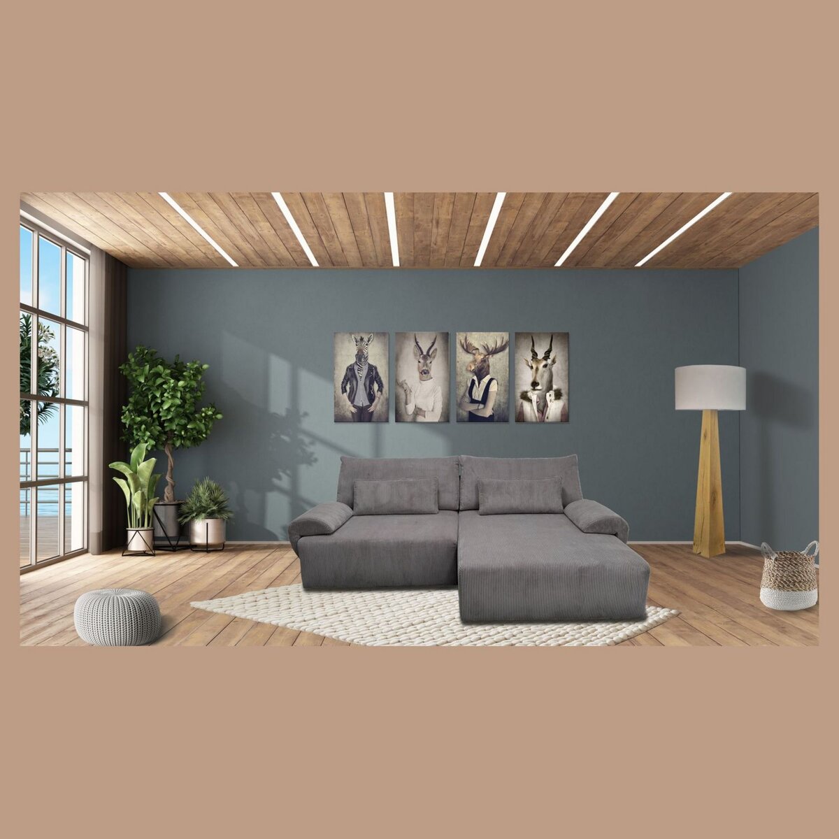 Canapé d'angle convertible réversible 5 places en velour côtelé BILLY