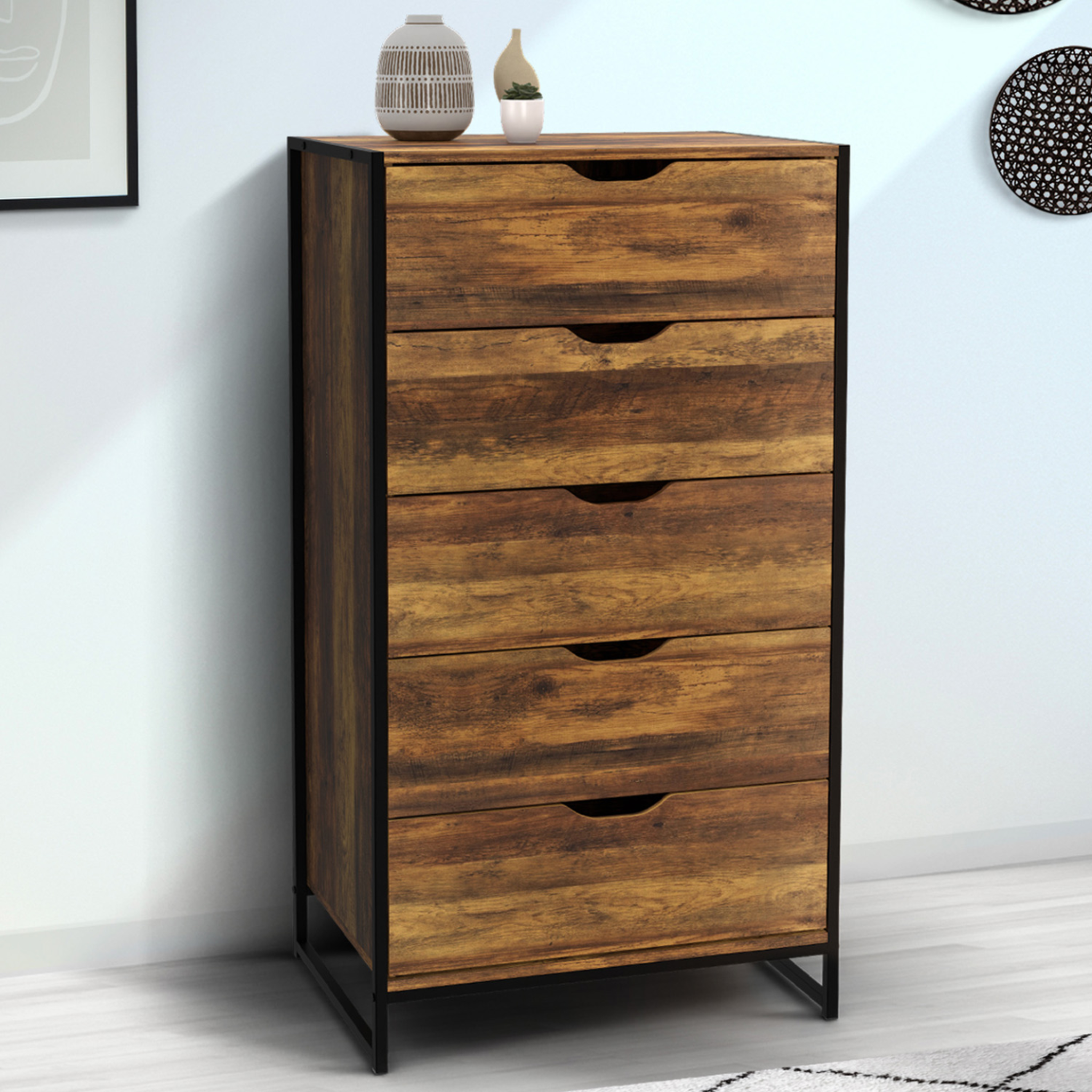 Voir la diapositive 2 : ID MARKET Chiffonnier 5 tiroirs hawkins 60x40x110 cm commode semainier design industriel