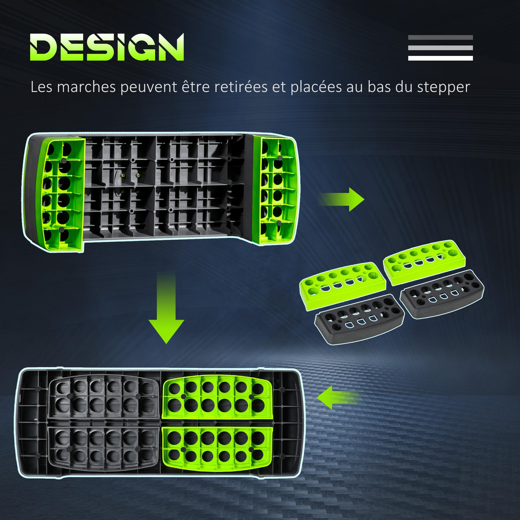 Voir la diapositive 5 : HOMCOM Stepper fitness aerobic hauteur reglable surface antiderapante dim. 78l x 28l x 10/15/20h cm pp noir vert