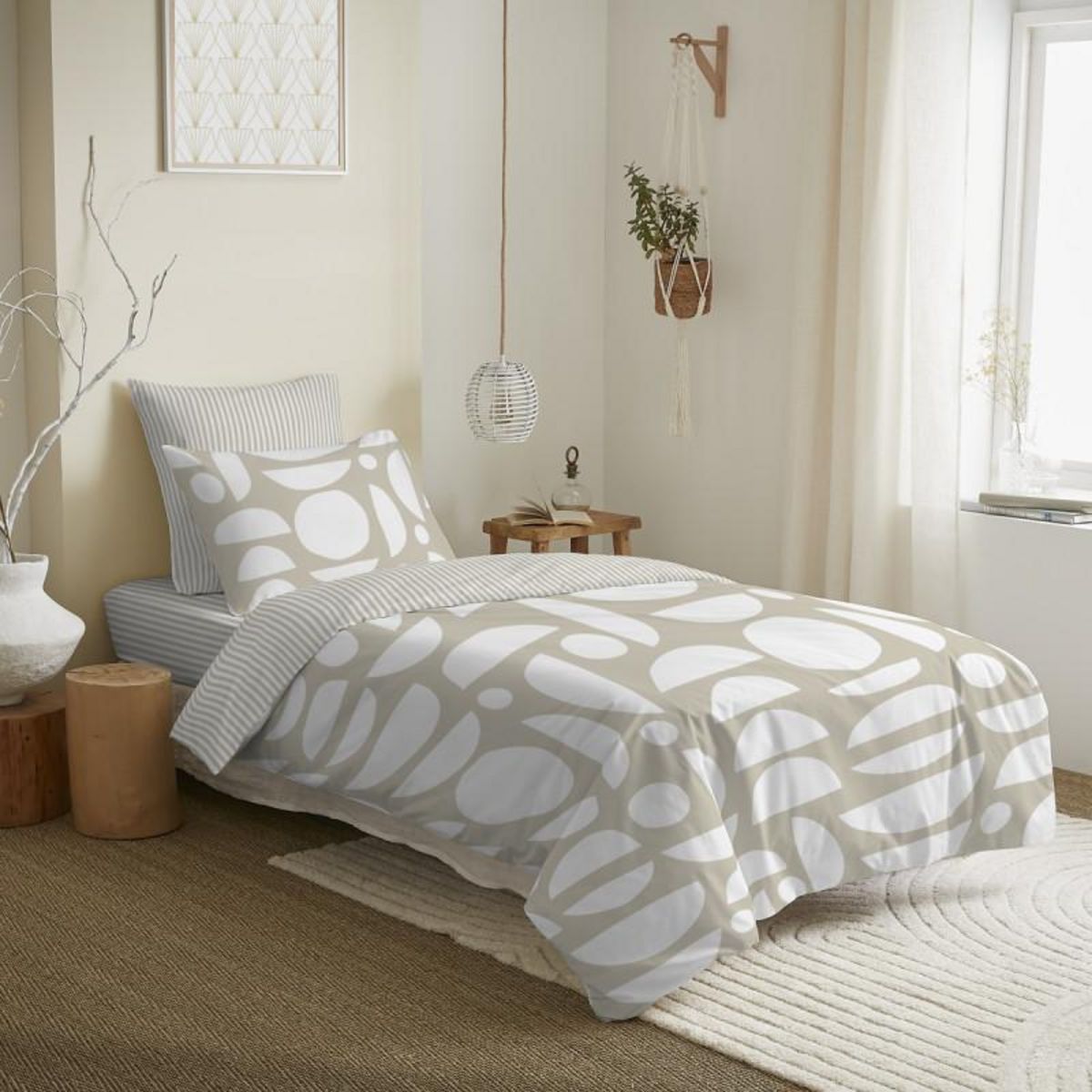 COTON PUR Pack complet housse de couette réversible pour lit 90 x 190 cm Mykonos naturel