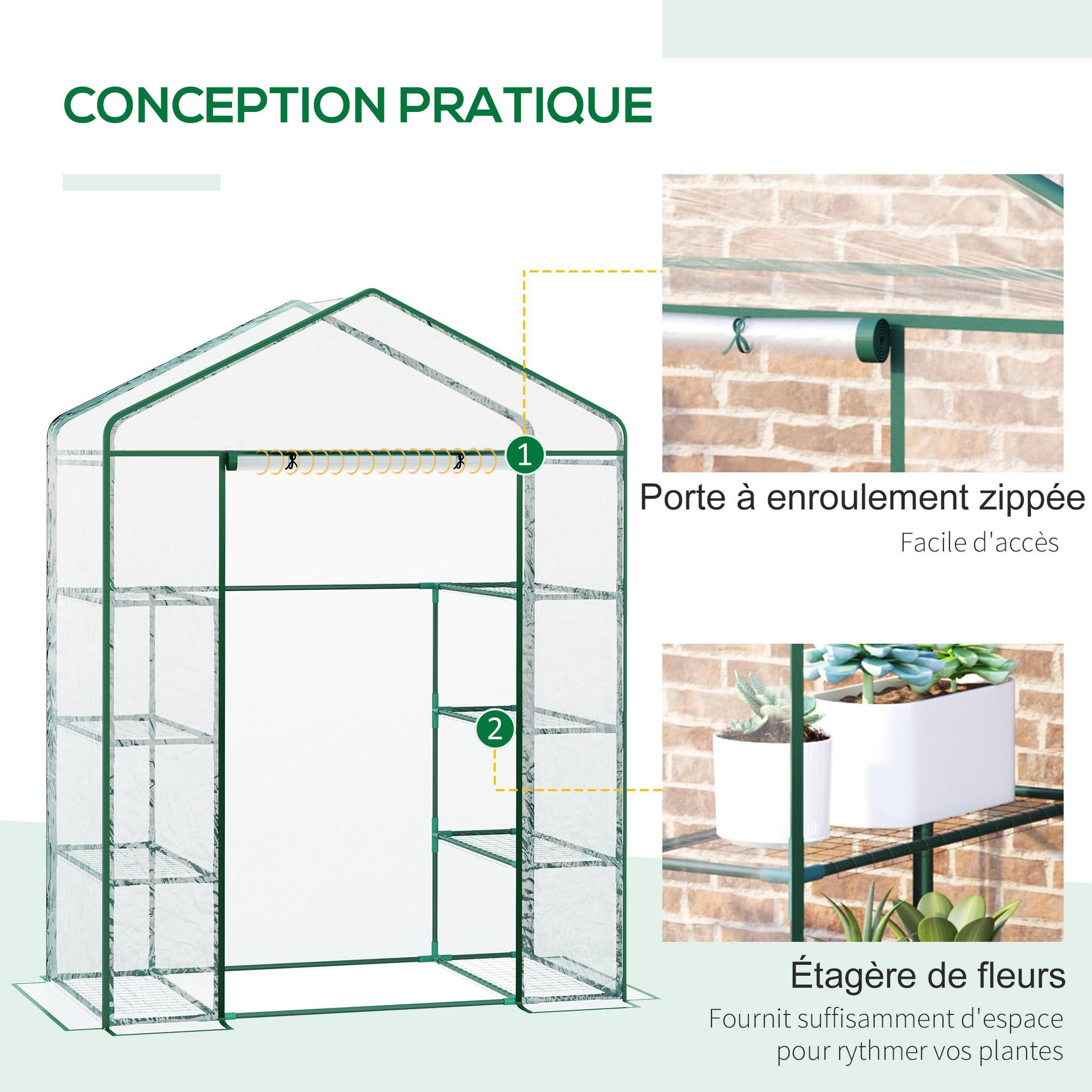 Voir la diapositive 5 : OUTSUNNY Serre de jardin balcon terrasse 8 étagères dim. 143l x 73l x 195h cm acier pvc imperméable anti-uv transparent vert