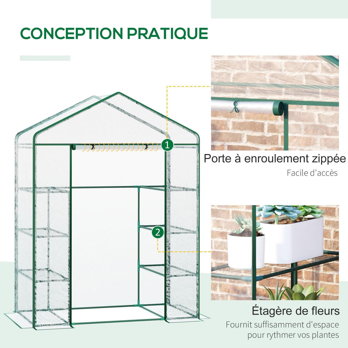 OUTSUNNY Serre de jardin balcon terrasse 8 étagères dim. 143L x 73l x 195H cm acier PVC imperméable anti-UV transparent vert