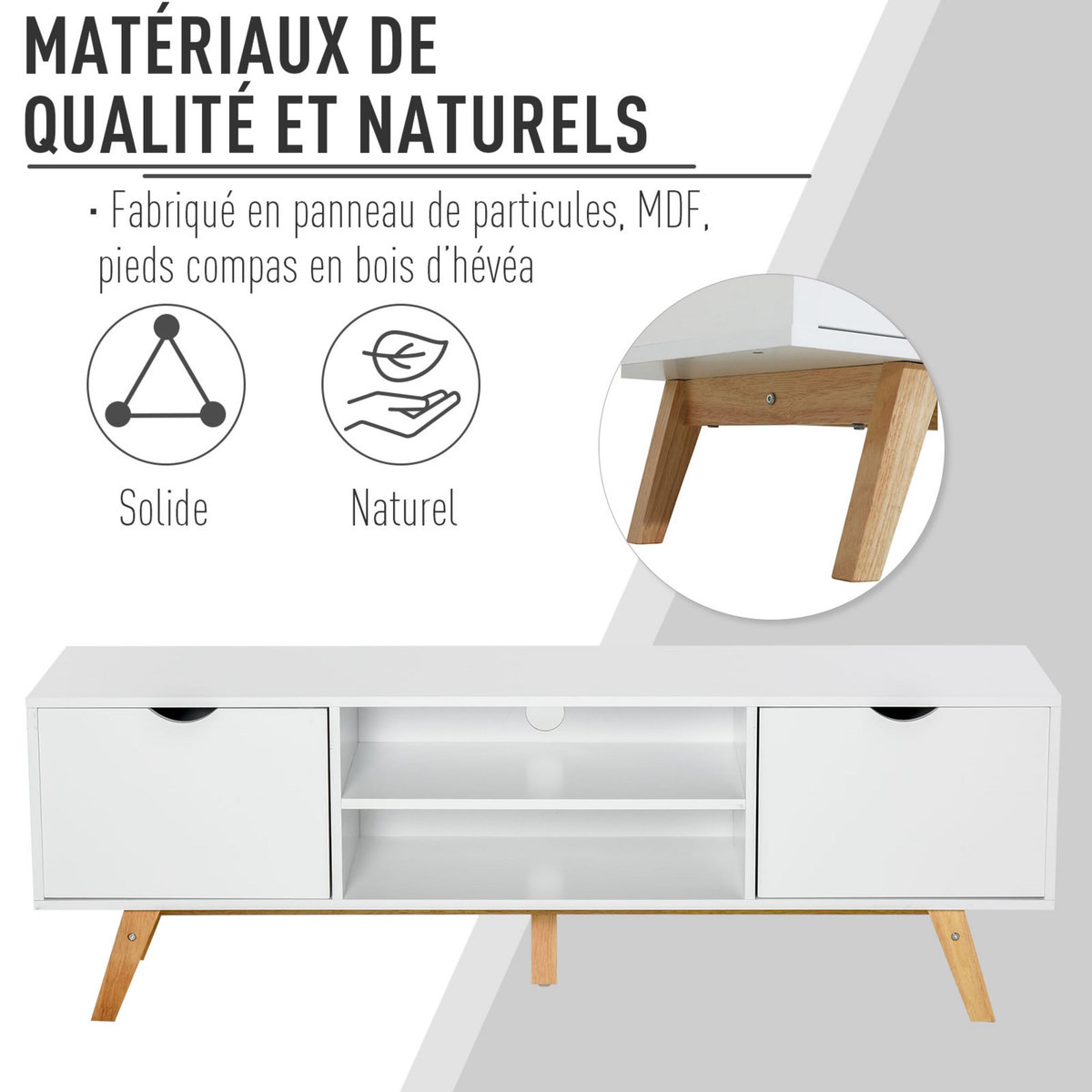 HOMCOM Meuble TV bas sur pied style scandinave 2 portes 2 niches passe-fils panneaux particules MDF blanc bois massif hévéa