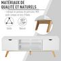 Voir la diapositive 5 : HOMCOM Meuble TV bas sur pied style scandinave 2 portes 2 niches passe-fils panneaux particules MDF blanc bois massif hévéa