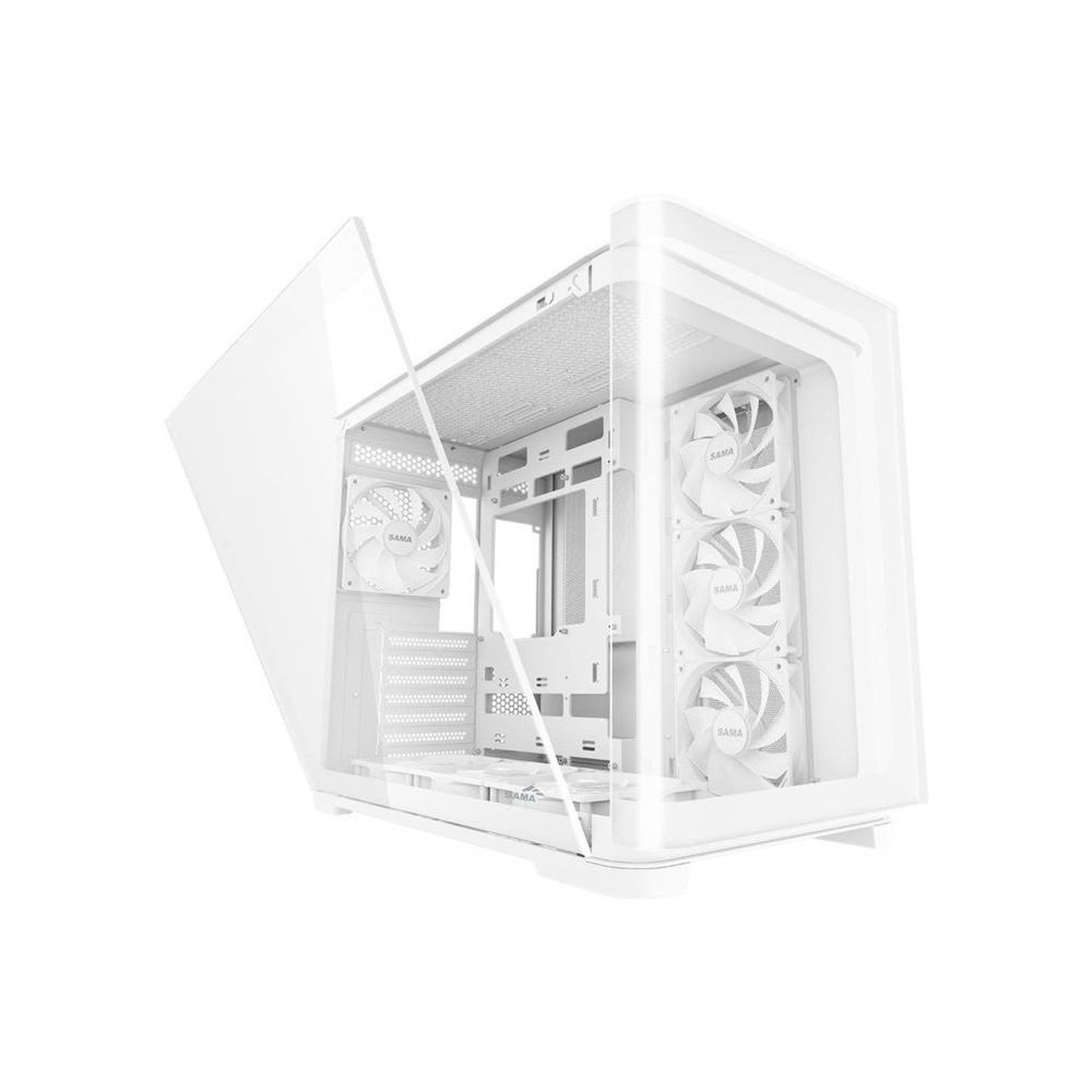 Voir la diapositive 5 : Boîtier PC cube blanc double compartiment avec verre trempé, 7 ventilateurs ARGB 120 mm PWM et support ATX