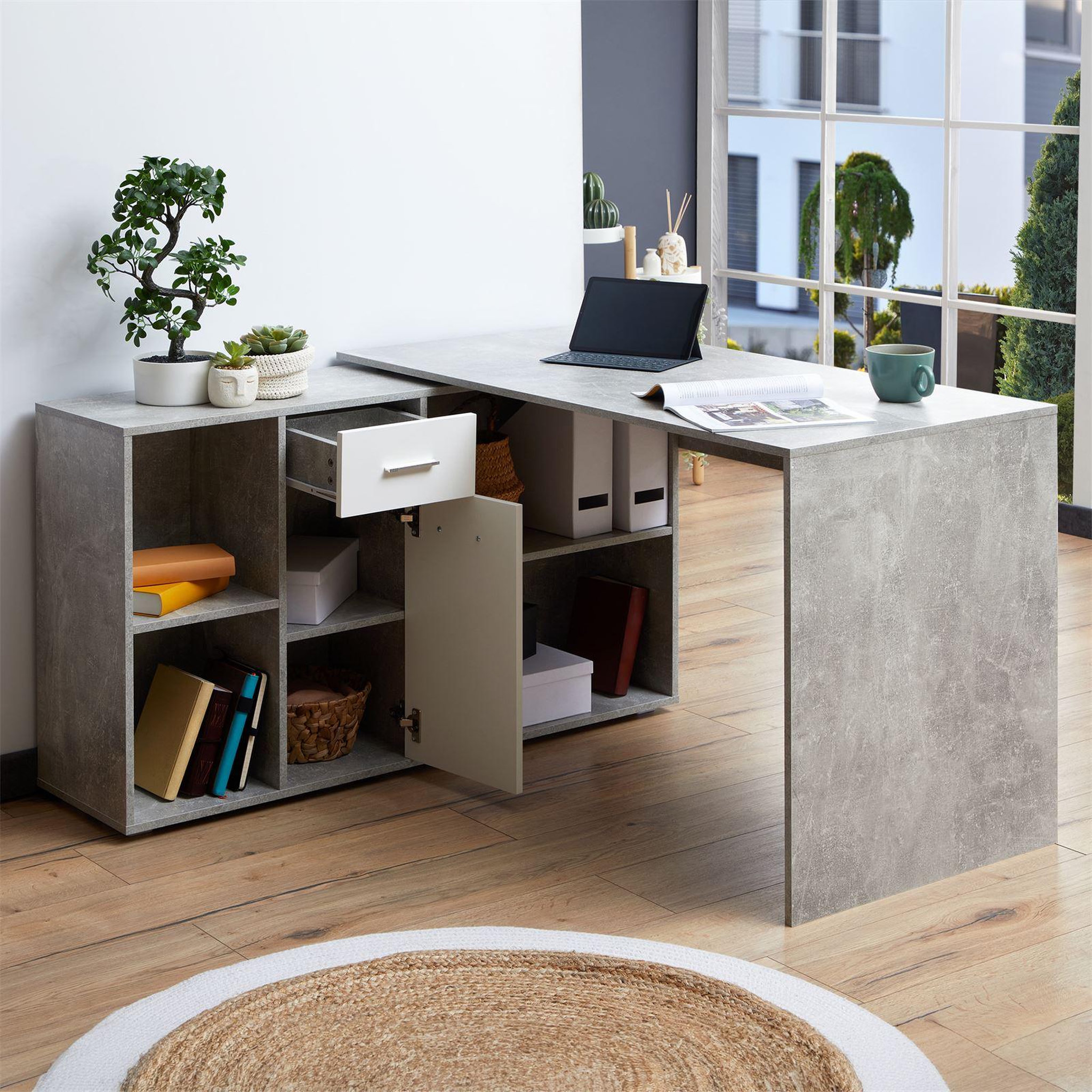 Voir la diapositive 4 : IDIMEX Bureau d'angle carmen avec meuble de rangement