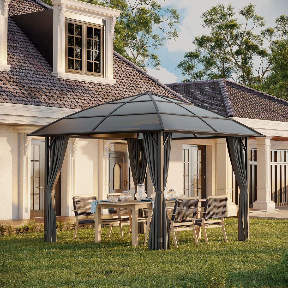 OUTSUNNY Pavillon de jardin barnum rigide dim. 3,05L x 3,05l x 2,7H m 4 rideaux zippés alu. acier polycarbonate noir polyester gris