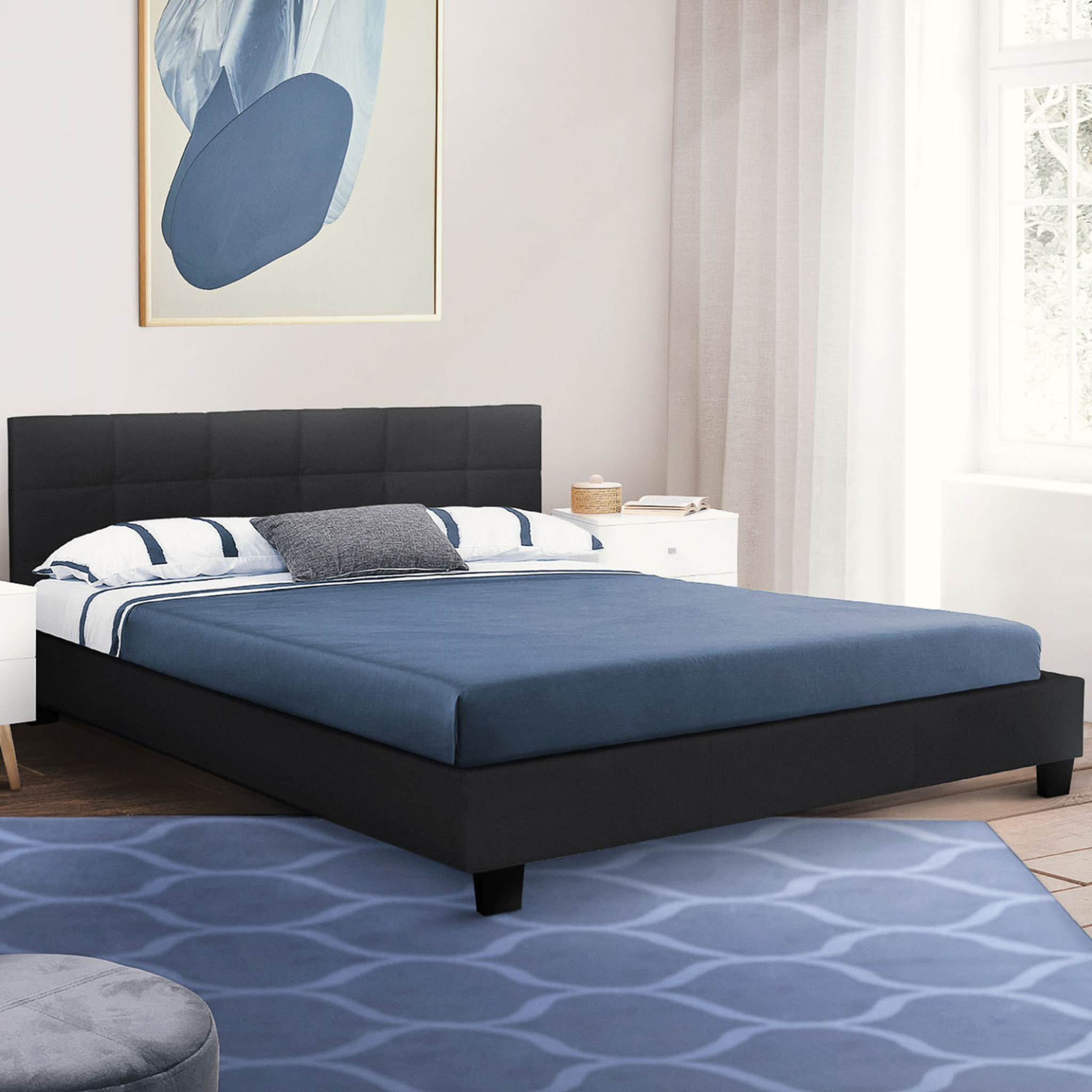Voir la diapositive 2 : ID MARKET Lit double charlotte avec tête de lit et sommier 140 x 190 cm pvc noir
