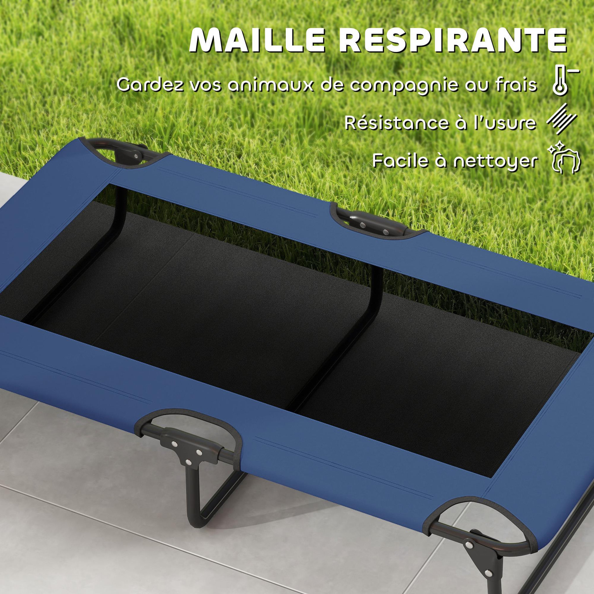 Voir la diapositive 5 : PAWHUT Transat pour animaux pliable - lit pour chien - lit à pieds pour chien dim. 107 x 61 x 20 cm - bleu