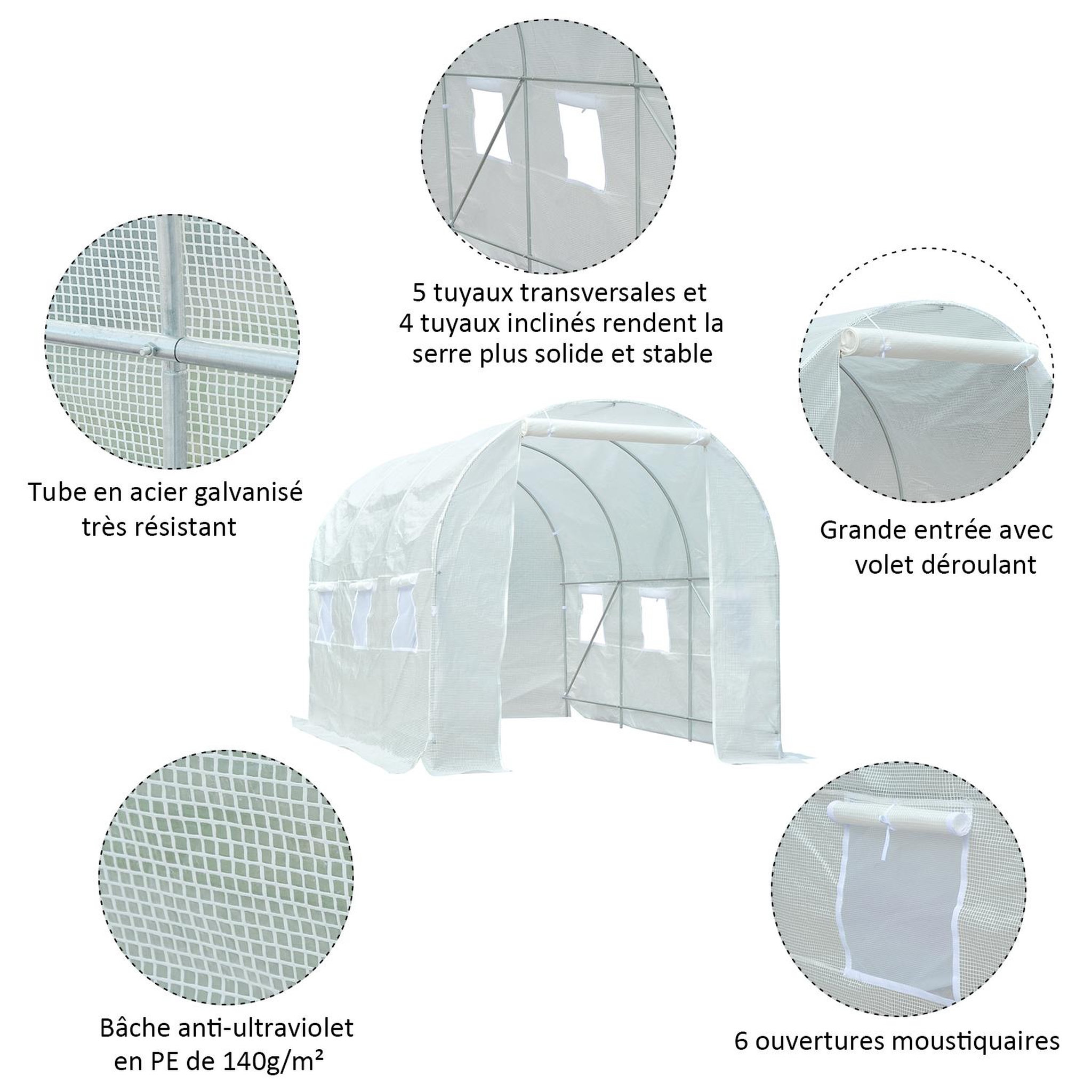 Voir la diapositive 4 : OUTSUNNY Serre de jardin tunnel surface sol 7 m² 3,5l x 2l x 2h m châssis tubulaire renforcé 18 mm 6 fenêtres blanc