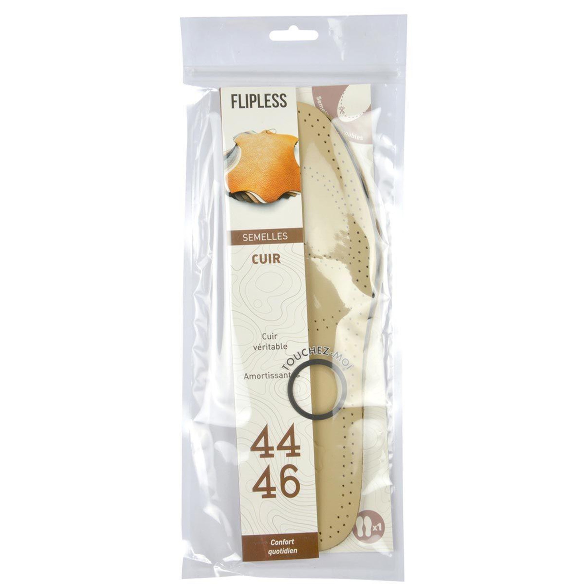 Voir la diapositive 2 : FLIPLESS Semelles chaussures  cuir  taille 44/46cm beige