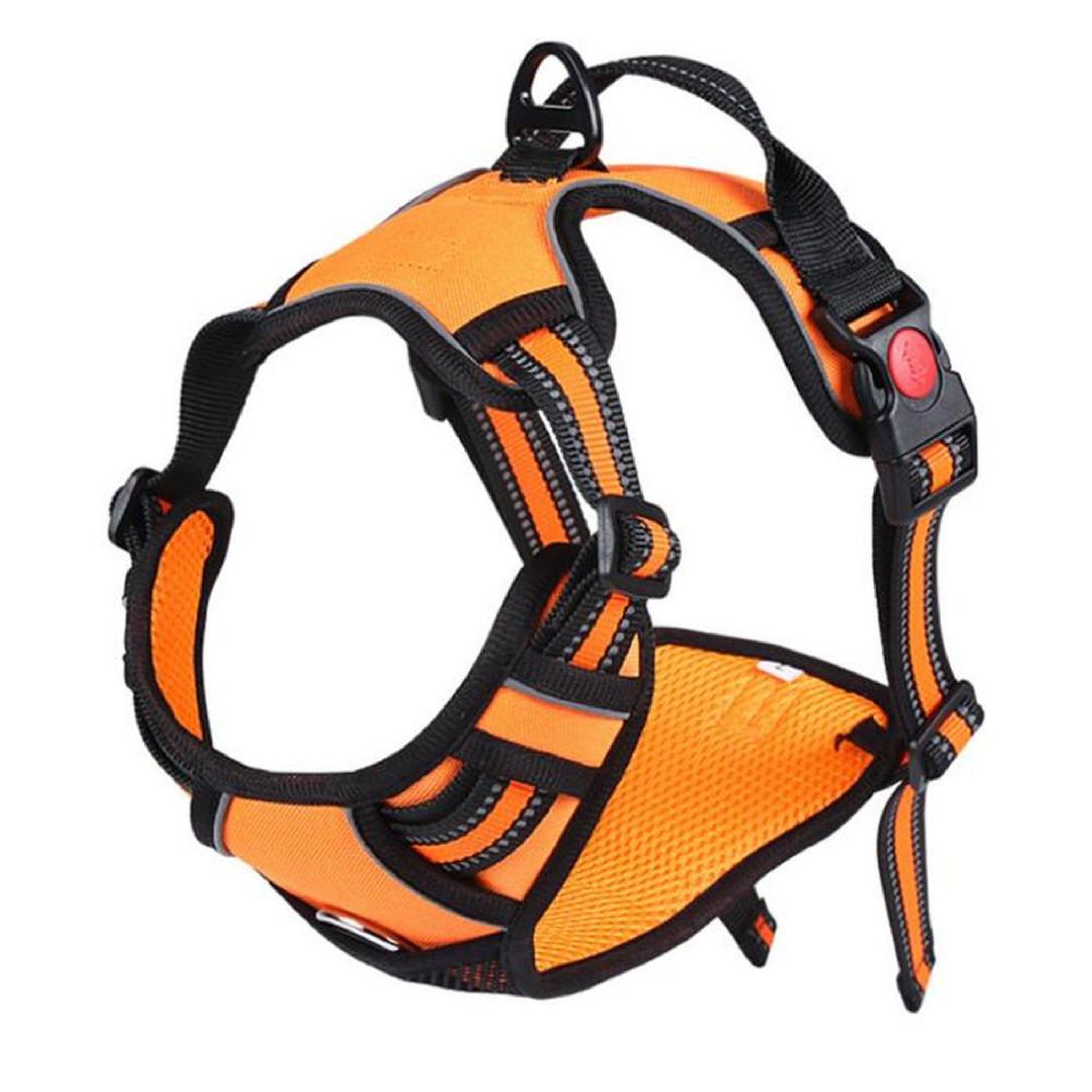 Voir la diapositive 5 : Harnais anti-traction réglable pour chien taille M, orange réfléchissant, bretelles en nylon et sangle thoracique rembourrée en Oxford