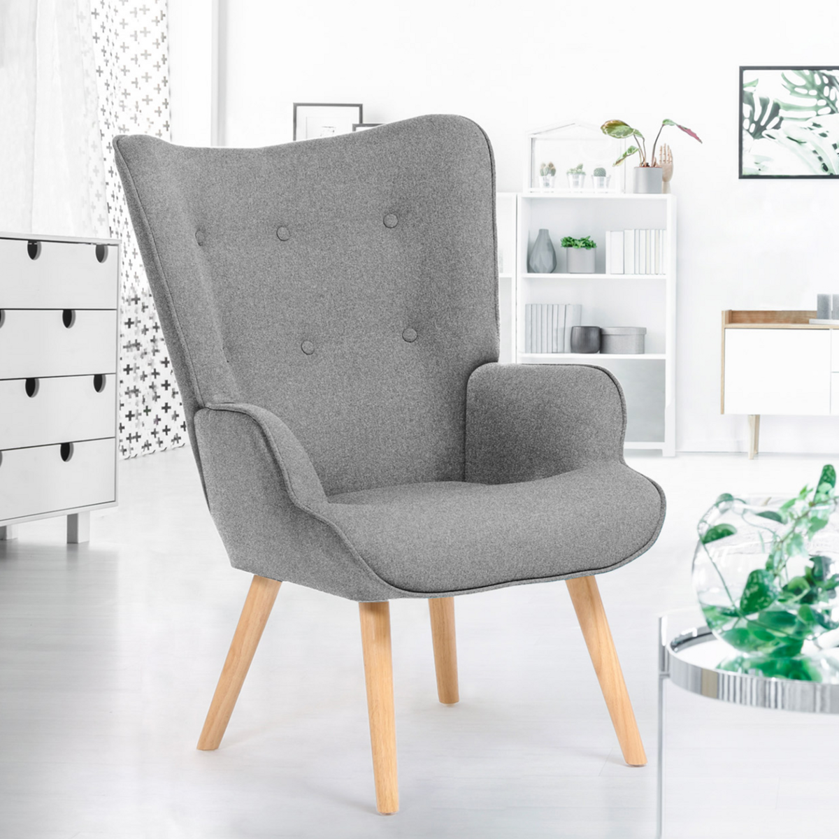 ID MARKET Fauteuil scandinave IVAR en tissu gris clair