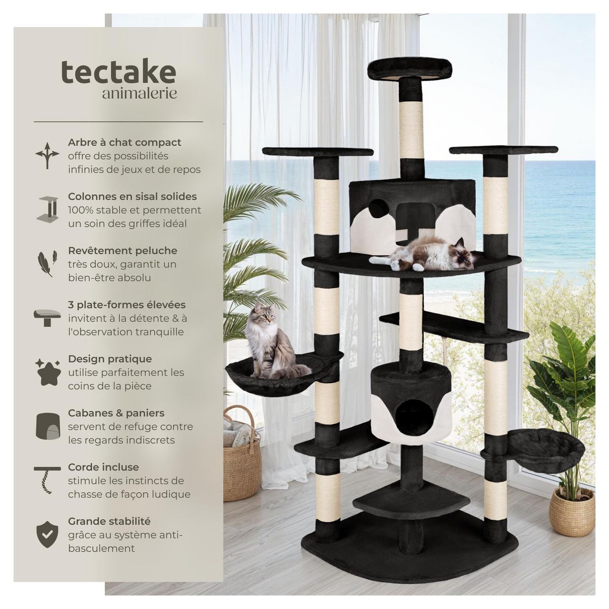 tectake Arbre à chat 204 cm avec griffoir et plateforme d'escalade noir/blanc